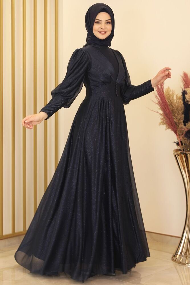 Kleid Modest Blau Fashion Abendkleid silbrigem dunkel Tüllstoff Damen Hijab Abaya Abiye Modavitrini aus Tüllkleid