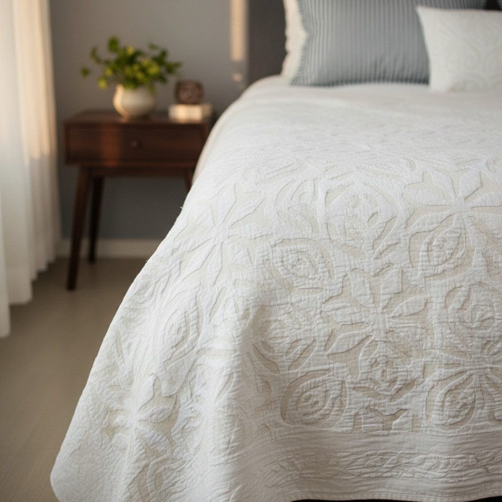 Indradanush Tagesdecke Tagesdecke Bettüberwurf Cutwork creme weiß, handgefertigt, extra groß doppellagig, 170x270cm