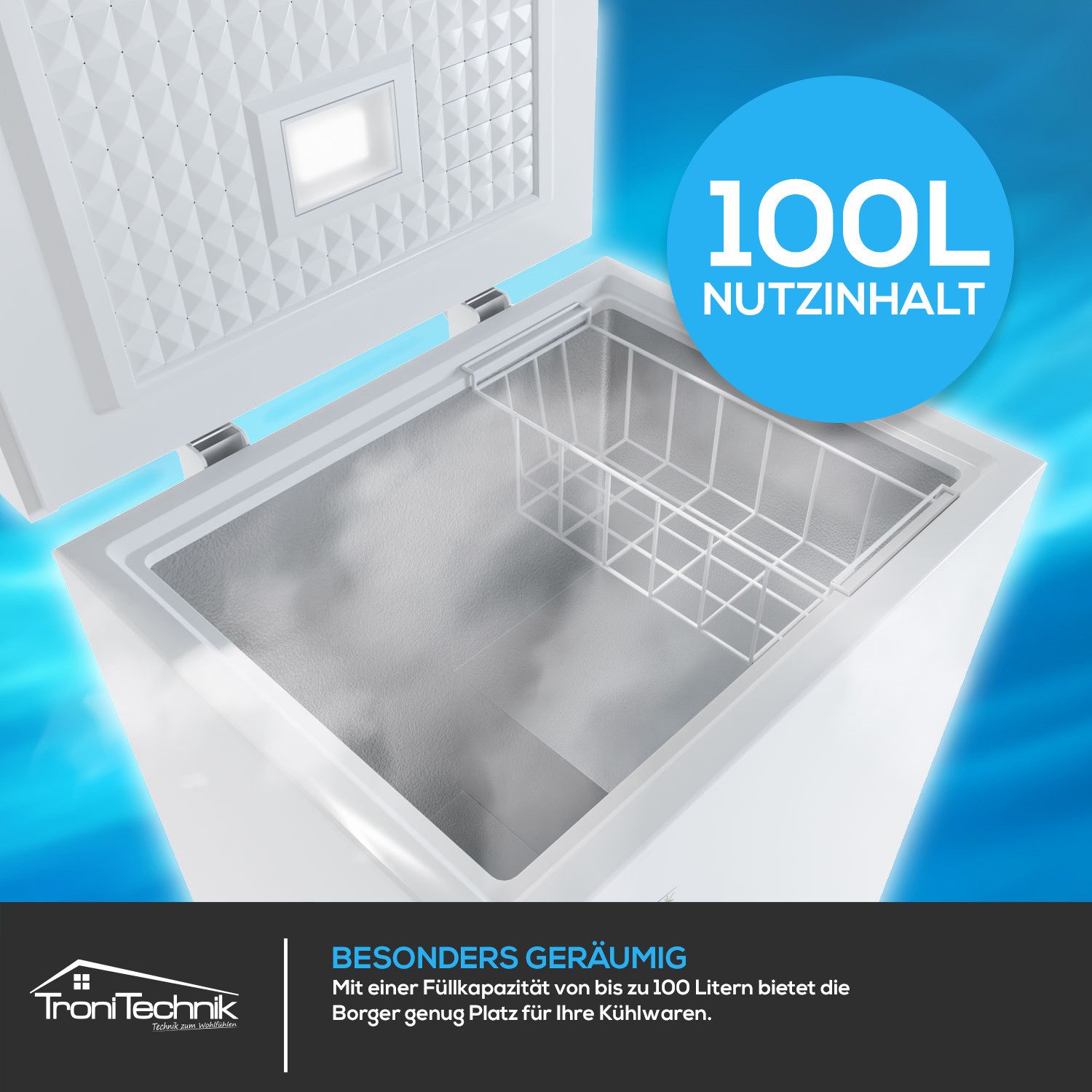 TroniTechnik Gefriertruhe Einstellbarer Temperaturregler, kühlen und gefrieren BORGAR 110 PRO, 55 cm breit, 100 l, inkl. Dual Thermostat, LED Licht, Griff, Schl – Bild 5 von 5