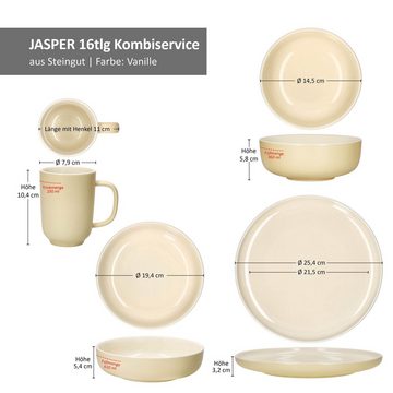 Ritzenhoff & Breker Kombiservice 16tlg Kombiservice Jasper Vanille Steingut 4 Personen Becher Schalen, Steingut