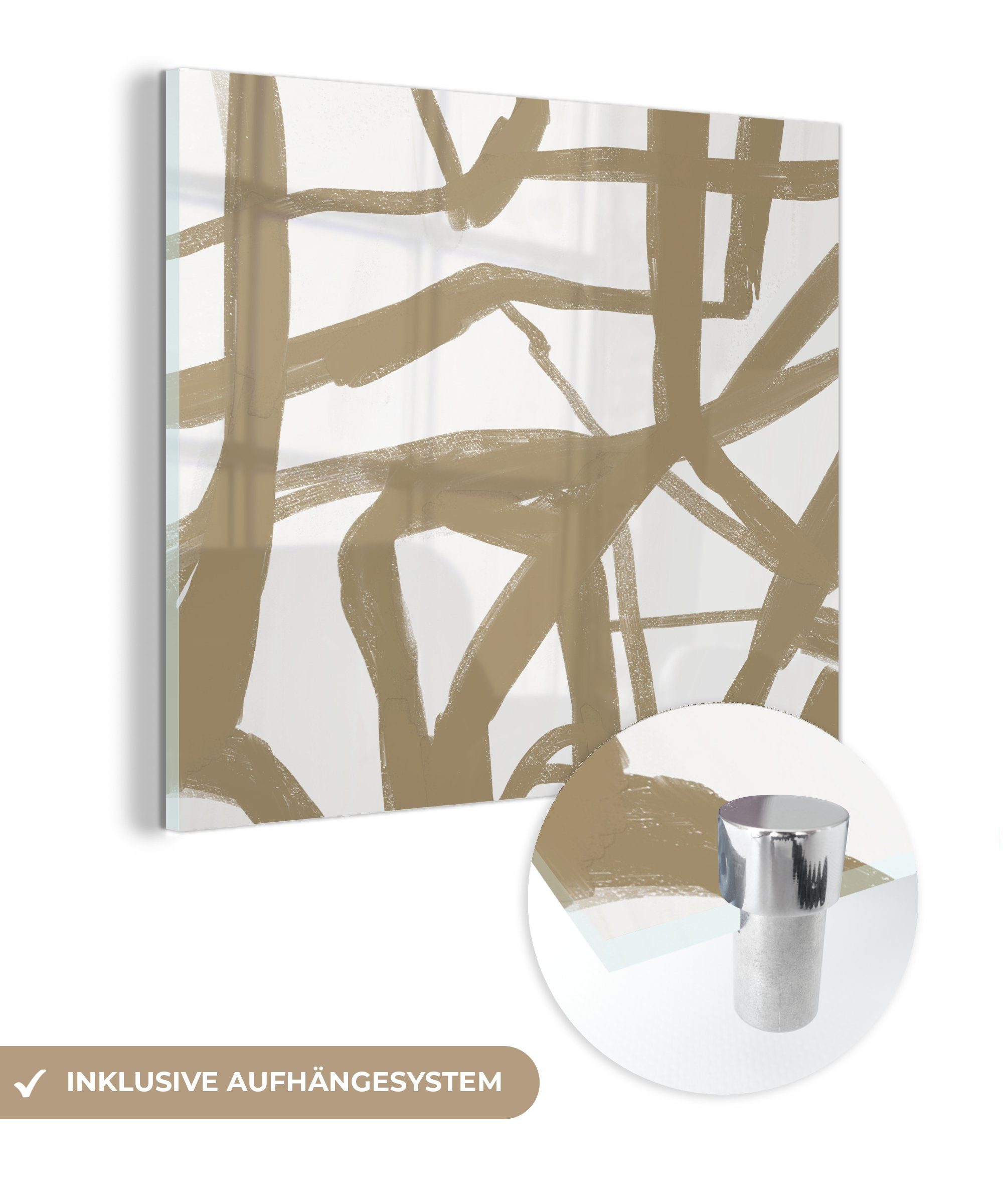 MuchoWow Acrylglasbild Weiß - Braun - Abstrakt, (1 St), Glasbilder - Bilder auf Glas Wandbild - Foto auf Glas - Wanddekoration | Bilder
