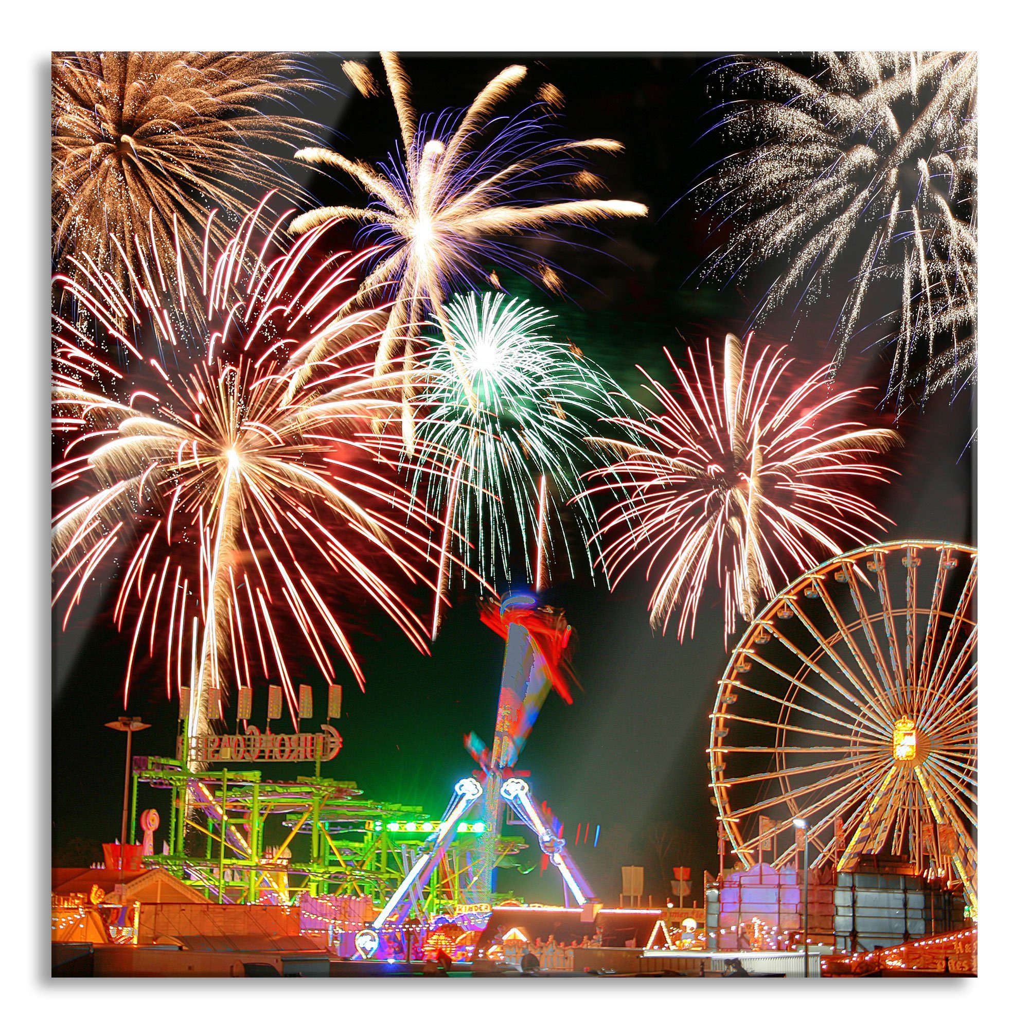 Pixxprint Glasbild Silvester Riesenrad inkl. St), Aufhängungen Abstandshalter und Echtglas, Feuerwerk Glasbild Riesenrad Silvester Feuerwerk, aus (1