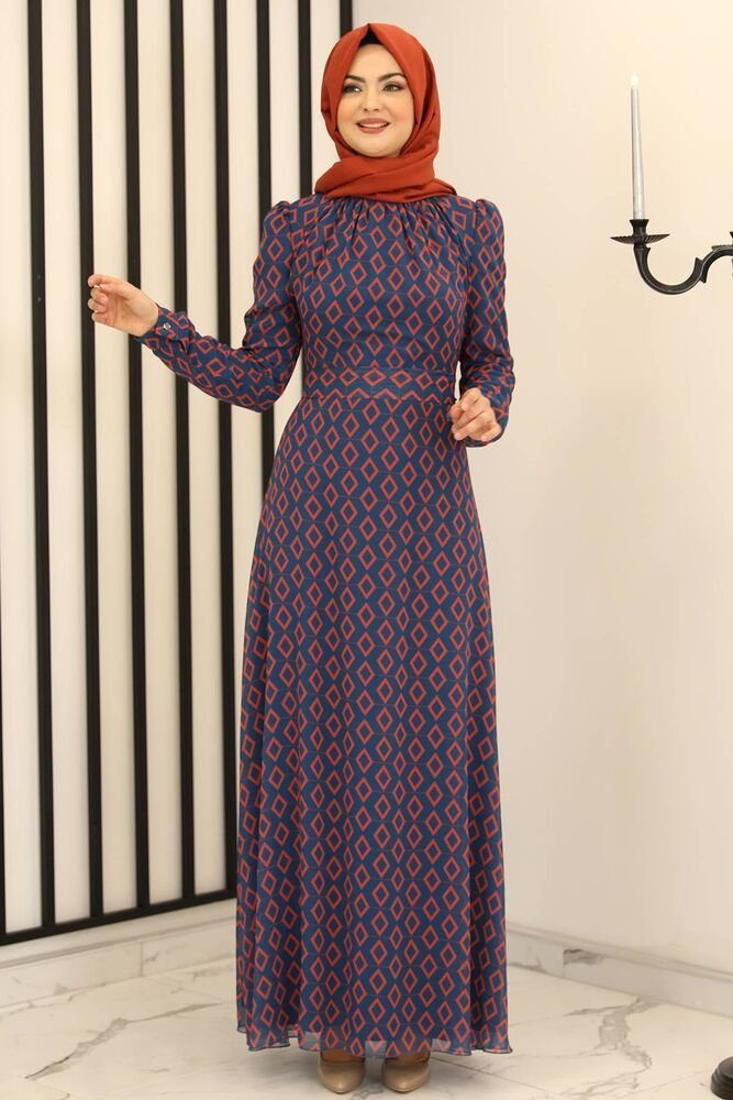 Modavitrini Chiffonkleid Damen Kleid Abendkleid mit Rautenmuster Abiye Hijab Mode (BAKLAVA) langärmliges Maxikleid