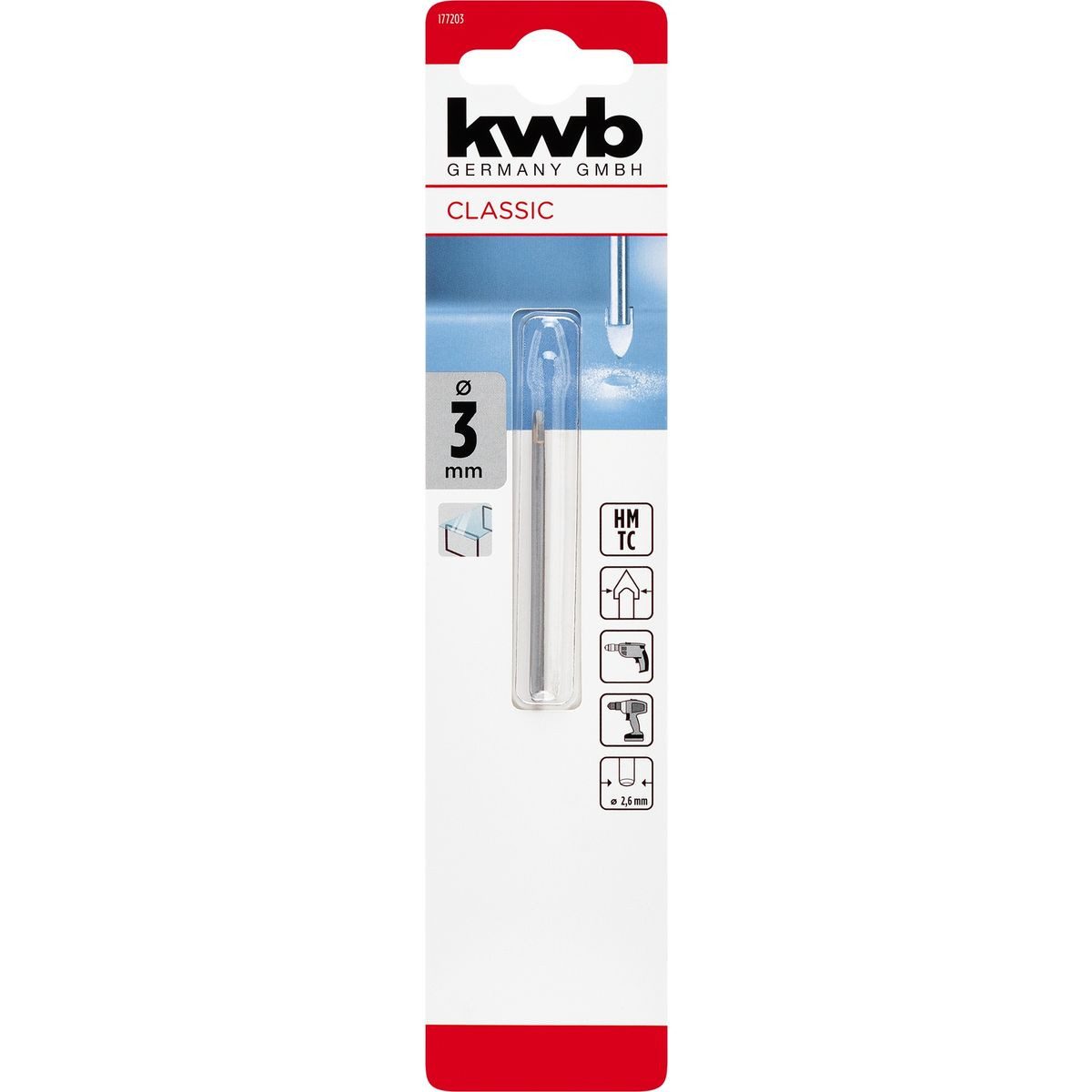 kwb Bohrer- und Bit-Set kwb Hartmetall-Glasbohrer, Ø 3 mm (Hartmetallplatte, Zentrierspitze, n, Hartmetall-Glasbohrer, Ø 3 mm (Hartmetallplatte, Zentrierspitze)