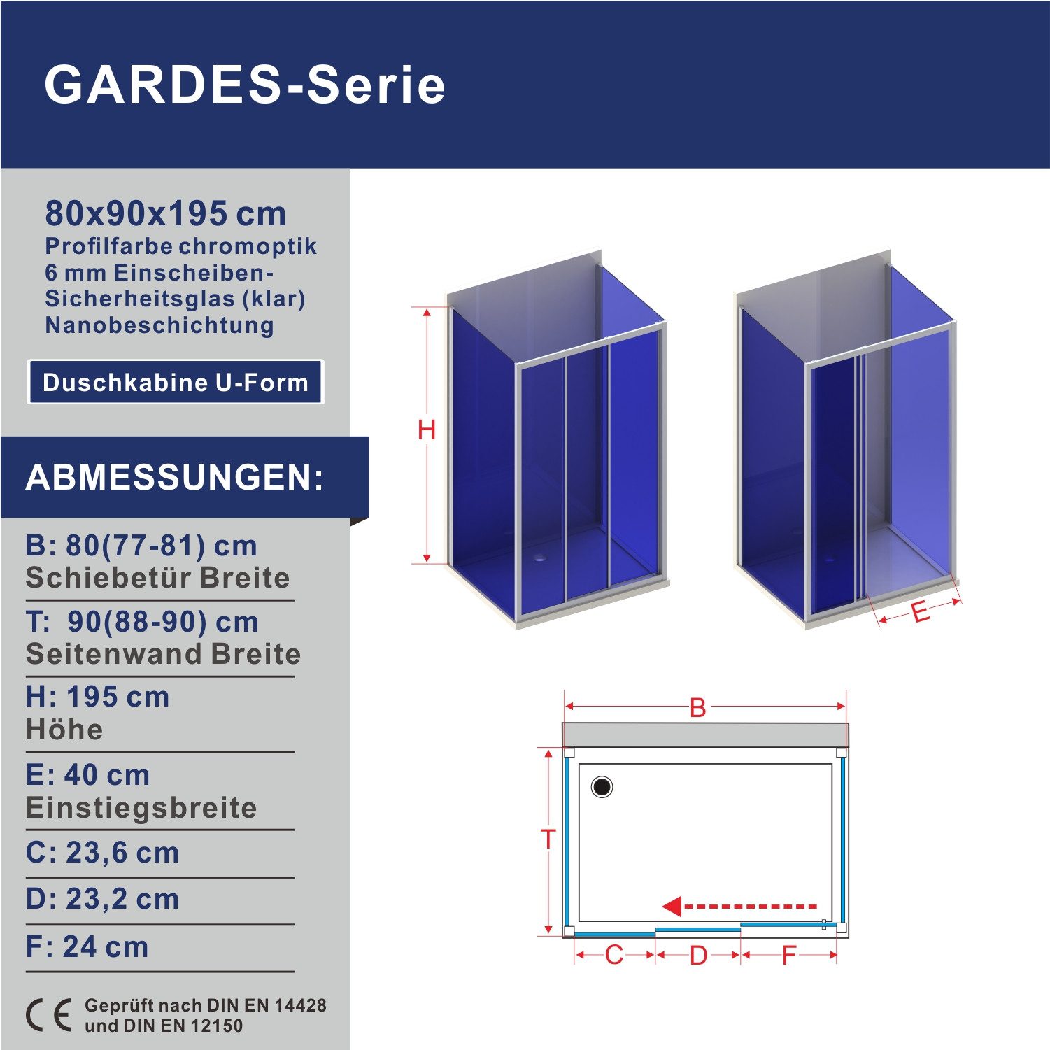 AQUABATOS Eckdusche U-Form Dusche Duschkabine mit Schiebetür Eckdusche Duschabtrennung, BxT: 80x90 cm, Klare Optik, mit Lotus-Effekt, Untere Türrollen mit abklappsystem