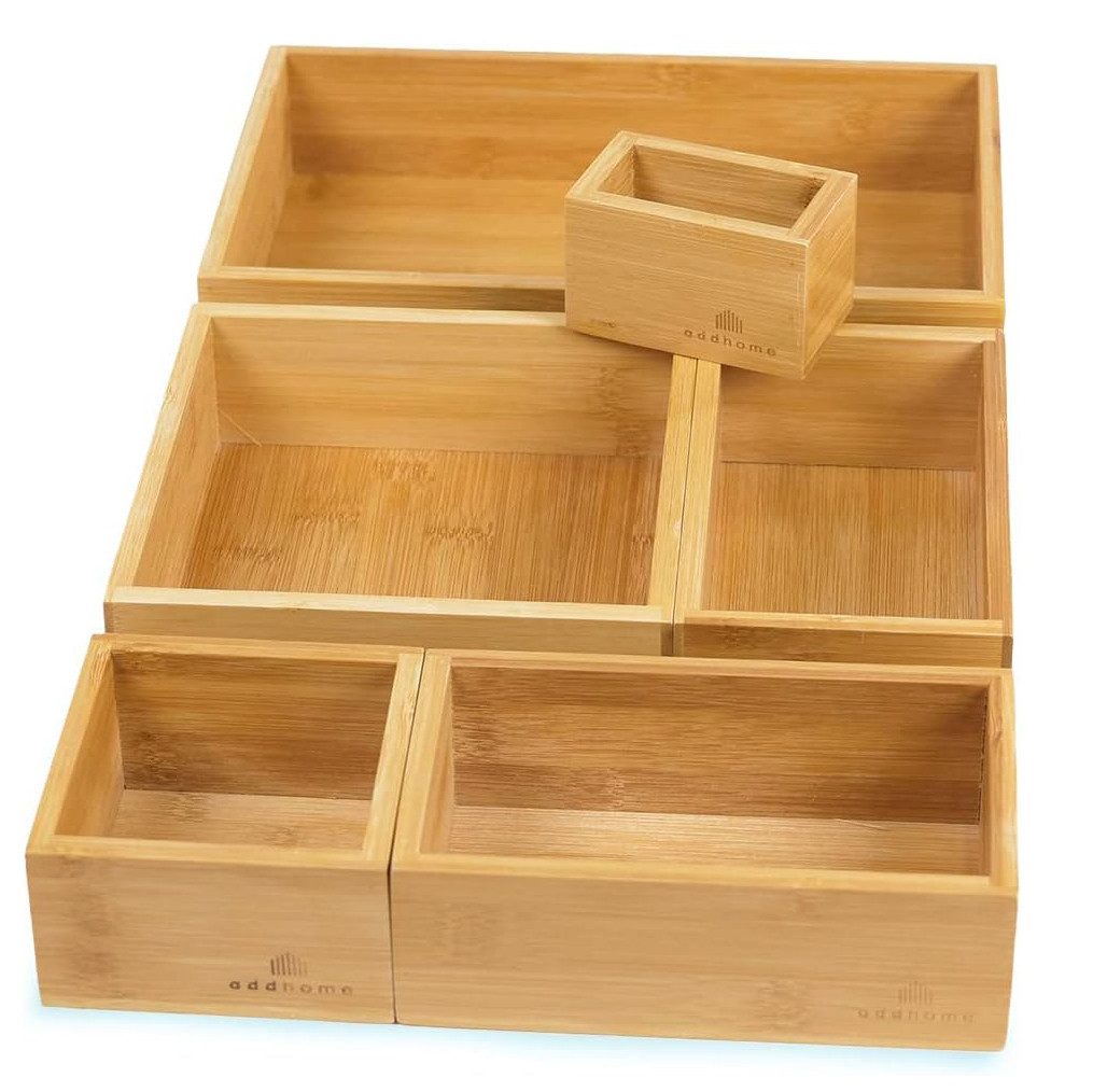 addhome Schubladenbox 6er Set Bambus Schubladen Organizer Individuelle Boxen inkl. Pads, 6 Größen: 27cm bis 5cm Flexibles Ordnungssystem mit 36 Rutschpads