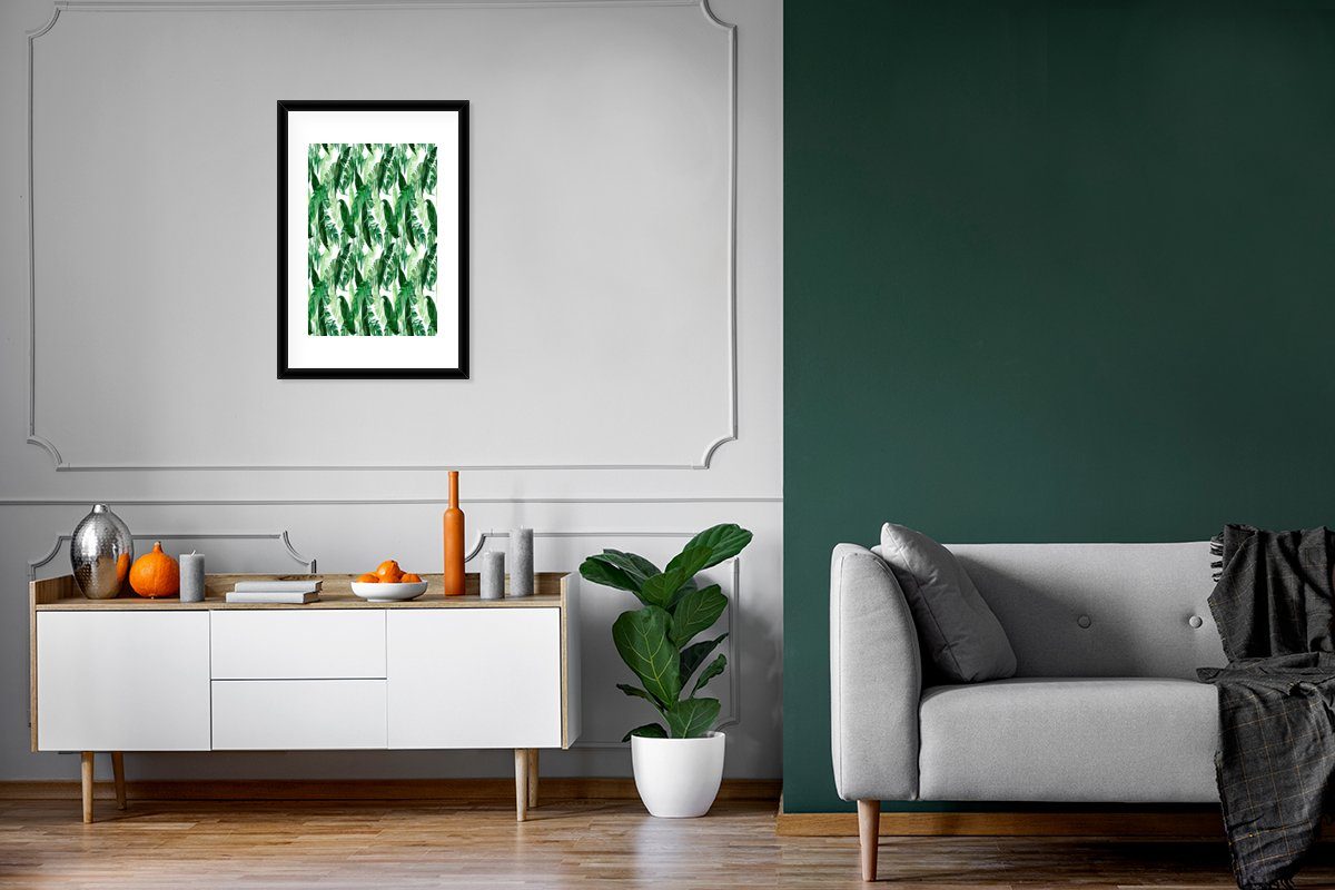 Poster Bilderrahmen Kunstdruck, Poster, Pflanzen, MuchoWow Schwarzem - Vintage St), Rahmen, - (1 mit Gerahmtes Blätter