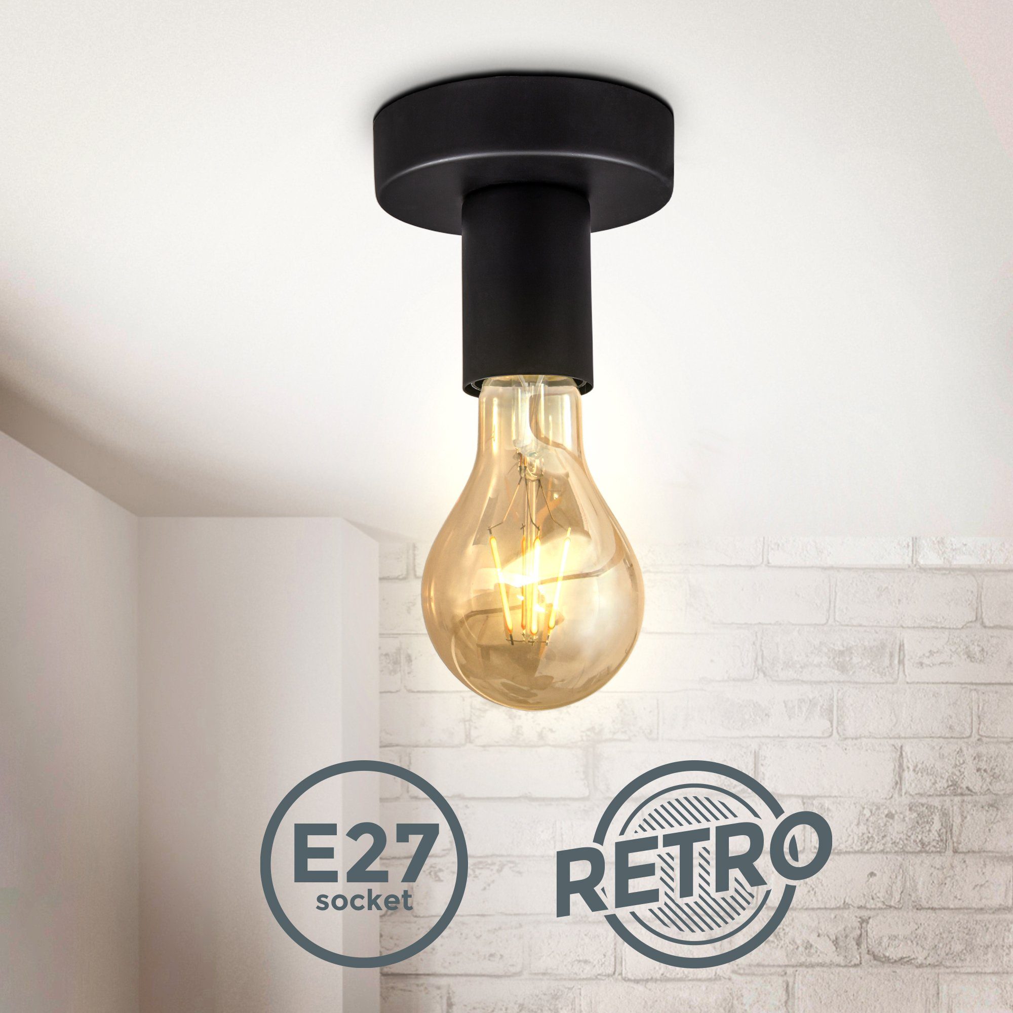 Retro, E27, Aufbauleuchte, matt-schwarz ohne Vintage, B.K.Licht Leuchtmittel, Deckenleuchte, Deckenspot,