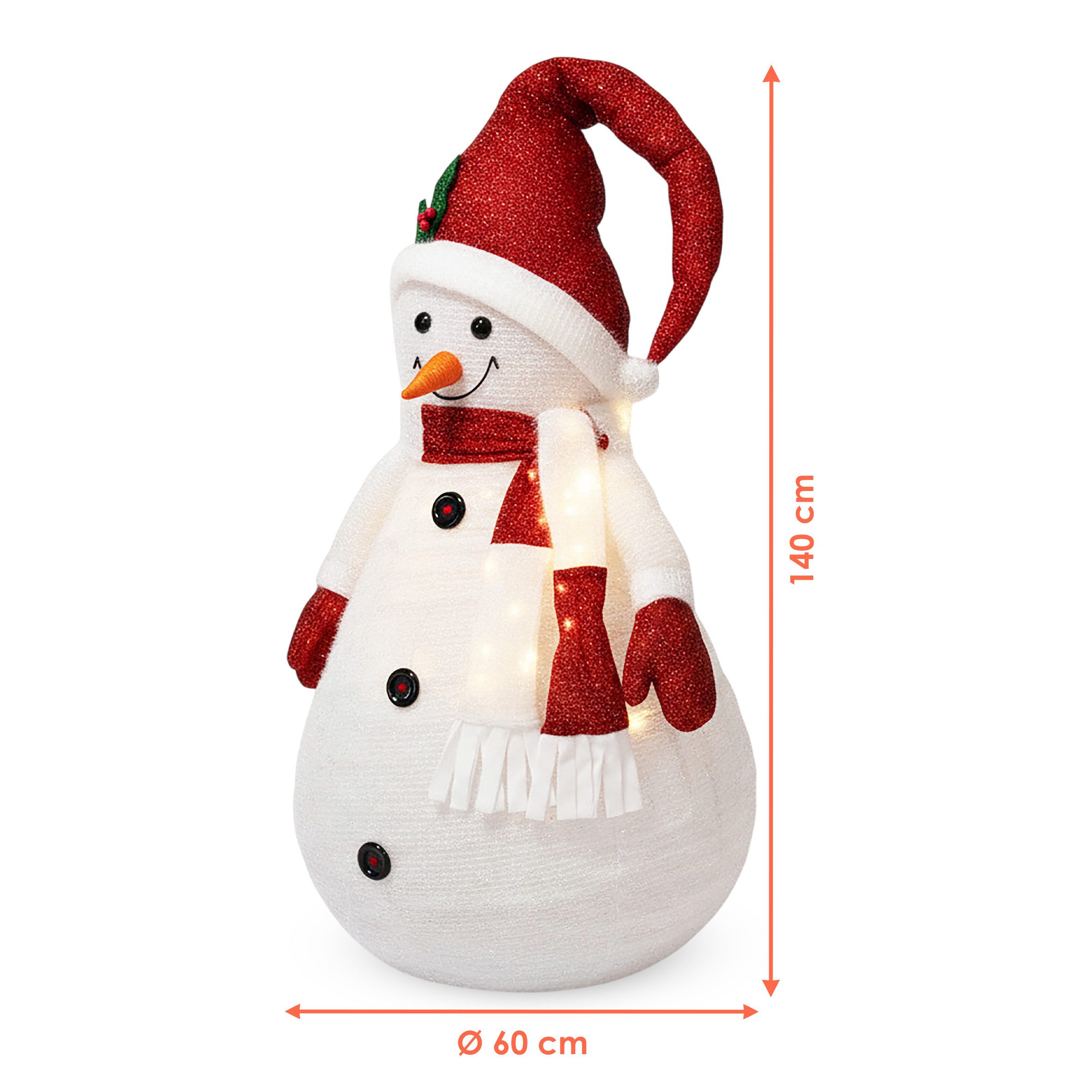 Spetebo Schneemann LED XXL Stoff Schneemann 140cm für Außen mit Timer (Komplett-Set, 1 St., Schneemann mit beleuchtetem Schal), Beleuchtete Garten Deko Figur wasserfest Batterie betrieben
