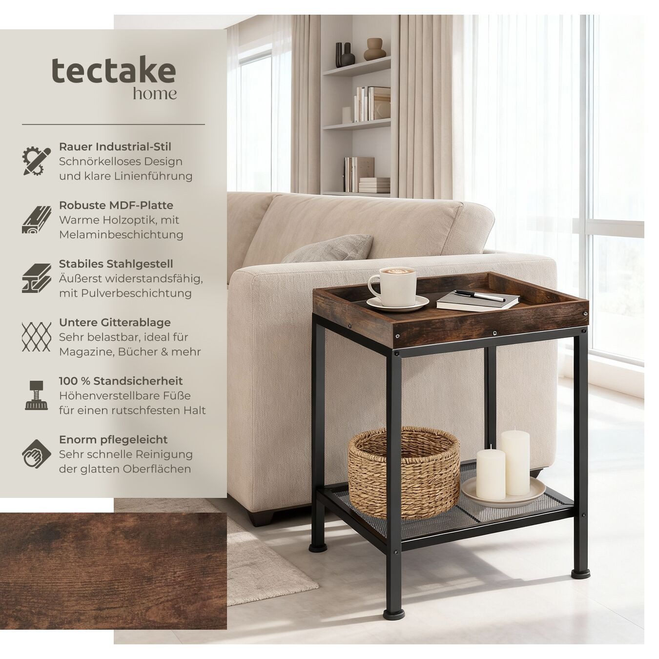 tectake Beistelltisch Couchtisch Rochester 41,5x41x56cm (1-St., 1 tlg), Rechteckiger Beistelltisch im rustikalen Industrie-Design
