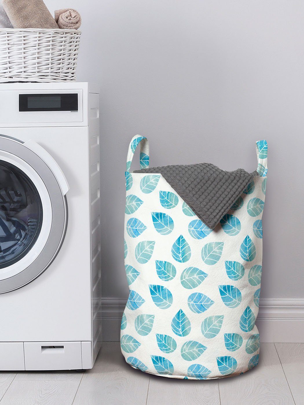 Abakuhaus Wäschesäckchen Griffen mit Wäschekorb Aquarell Blaue Kordelzugverschluss Blätter für Waschsalons, Gefallen