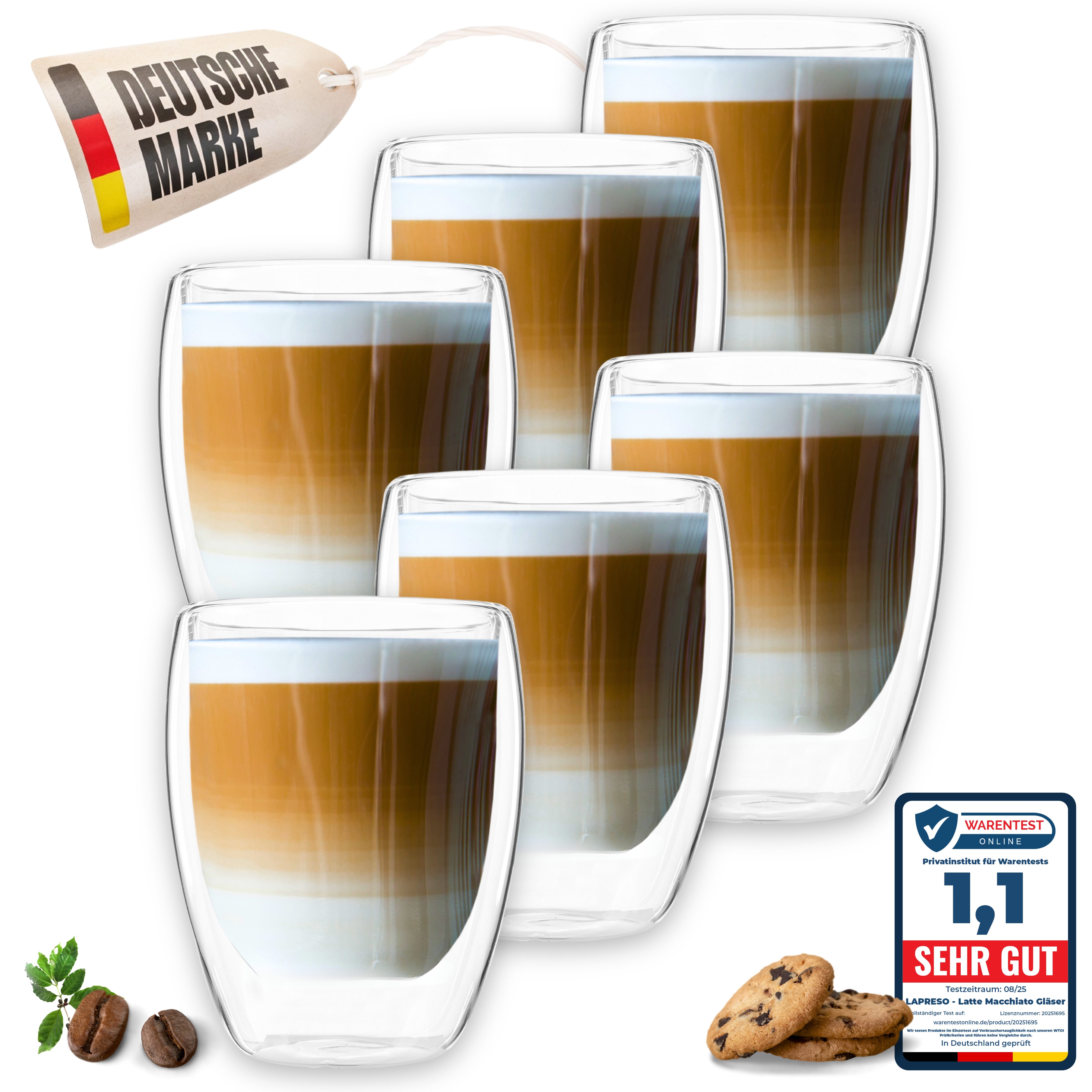 LAPRESO Latte-Macchiato-Glas Doppelwandig, Thermogläser Кофейные стаканы Set 350 & 450 ml, Borosilikatglas, 6er Set