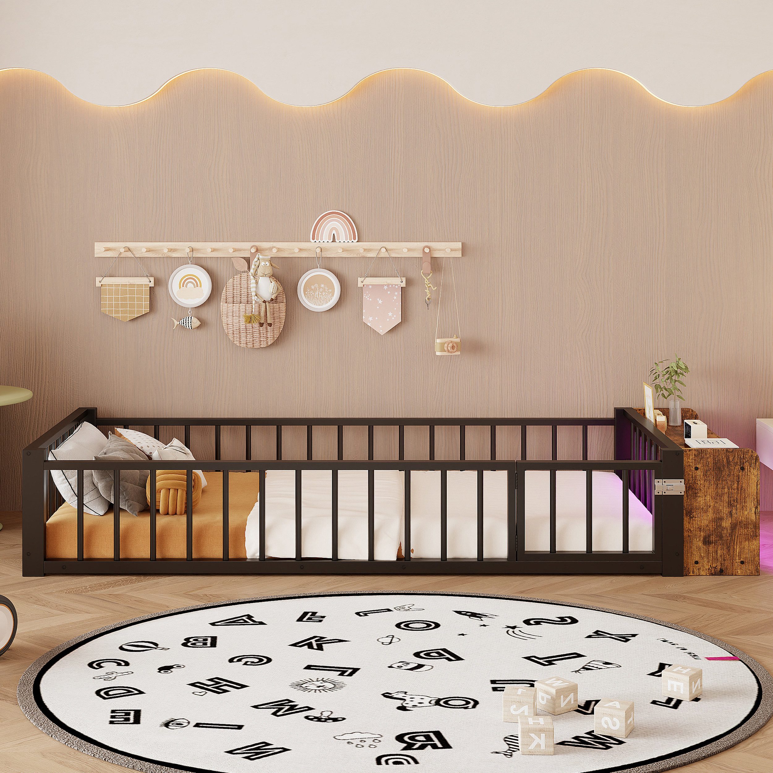 Odikalo Kinderbett Babybett 90x200 140x200 Flachbett mit Schutzgeländer (Metallbettgestell, Eisenbett, ohne Matratze)