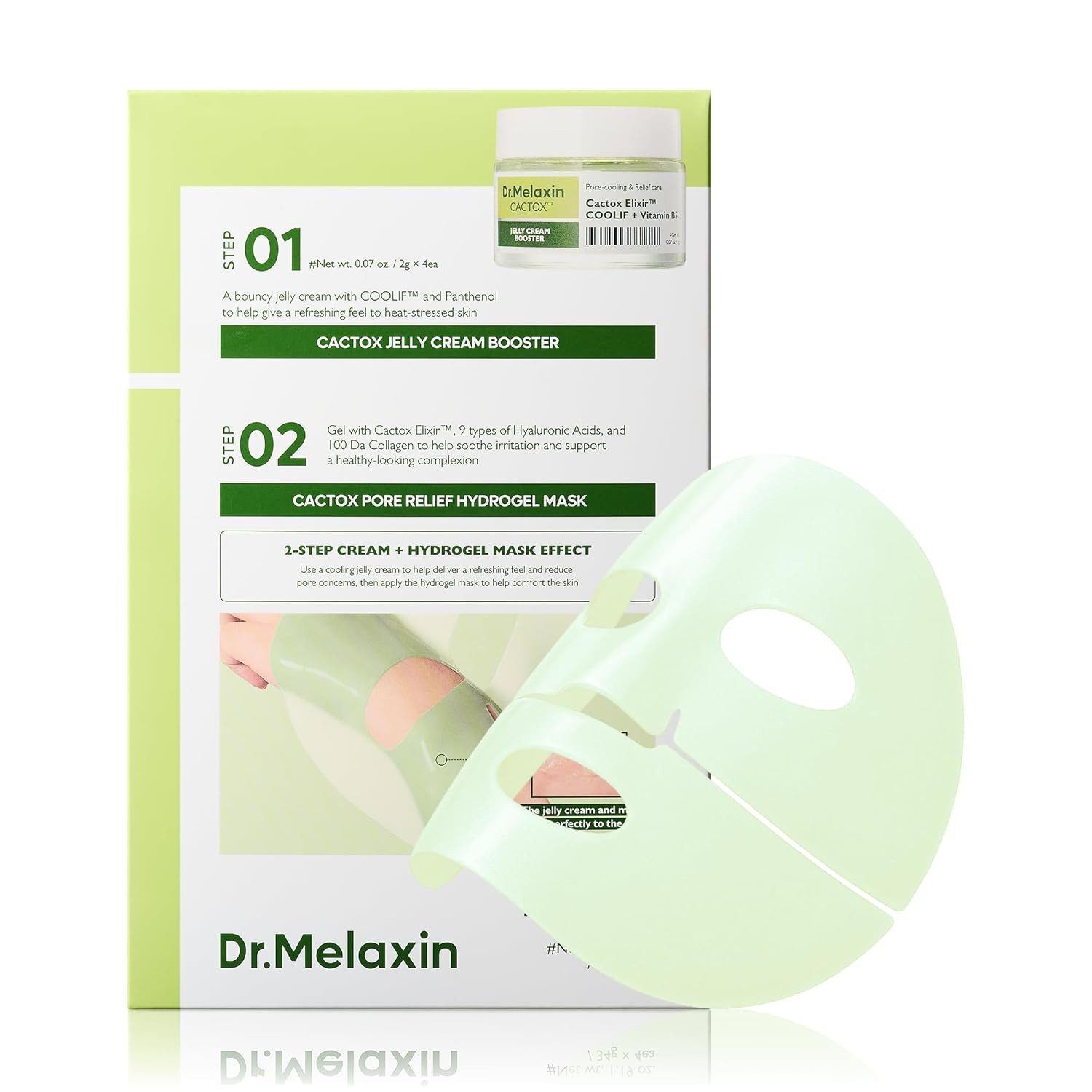 Dr.Melaxin Gesichtsmaske Cactox Pore Relief Jelly Cream Hydrogel Mask 2g+34g*4ea – K-Beauty Hydrogel-Maske mit Kaktus-Mucilage, Hyaluron, Kollagen, Niacinamide –, Zweistufige Cooling-Hydrogel-Pflege mit Kaktus, Hyaluron