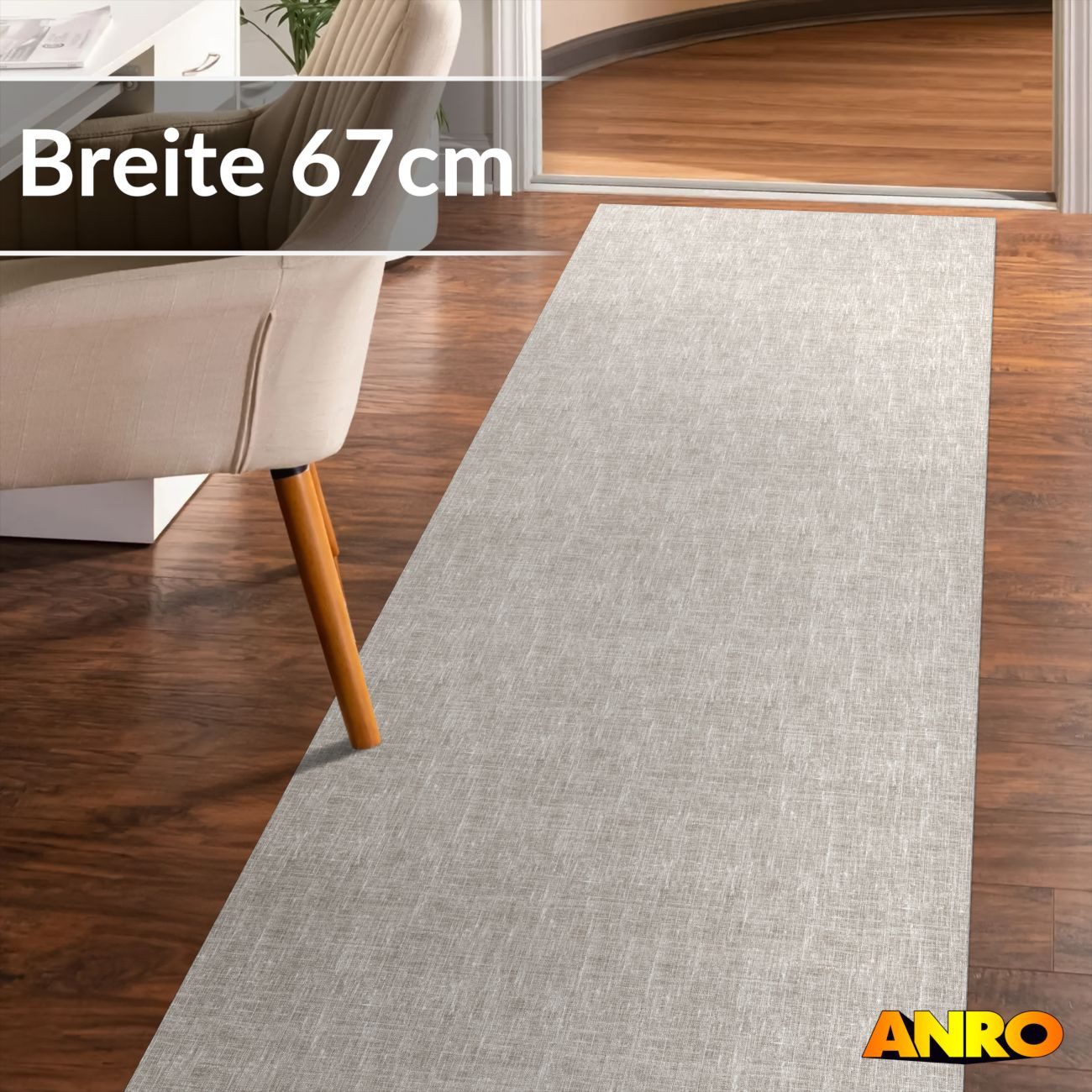 ANRO Küchenläufer Premium Einfarbig RUNNA Läufer Küchenteppich Stoff-Teppich, Rechteckig, Höhe: 3 mm, Stoff schmutzabweisend 67x100cm Vintage Grau robust