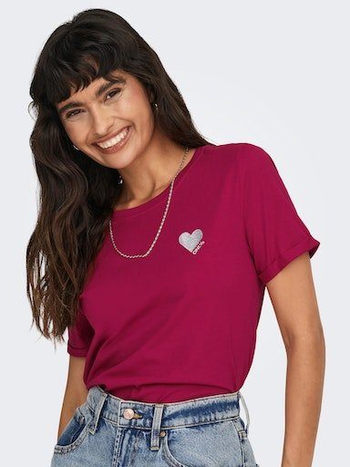 TOP T-Shirt LOGO ONLY NOOS Cerise HEART S/S Print:SILVER ONLKITA GLITTER