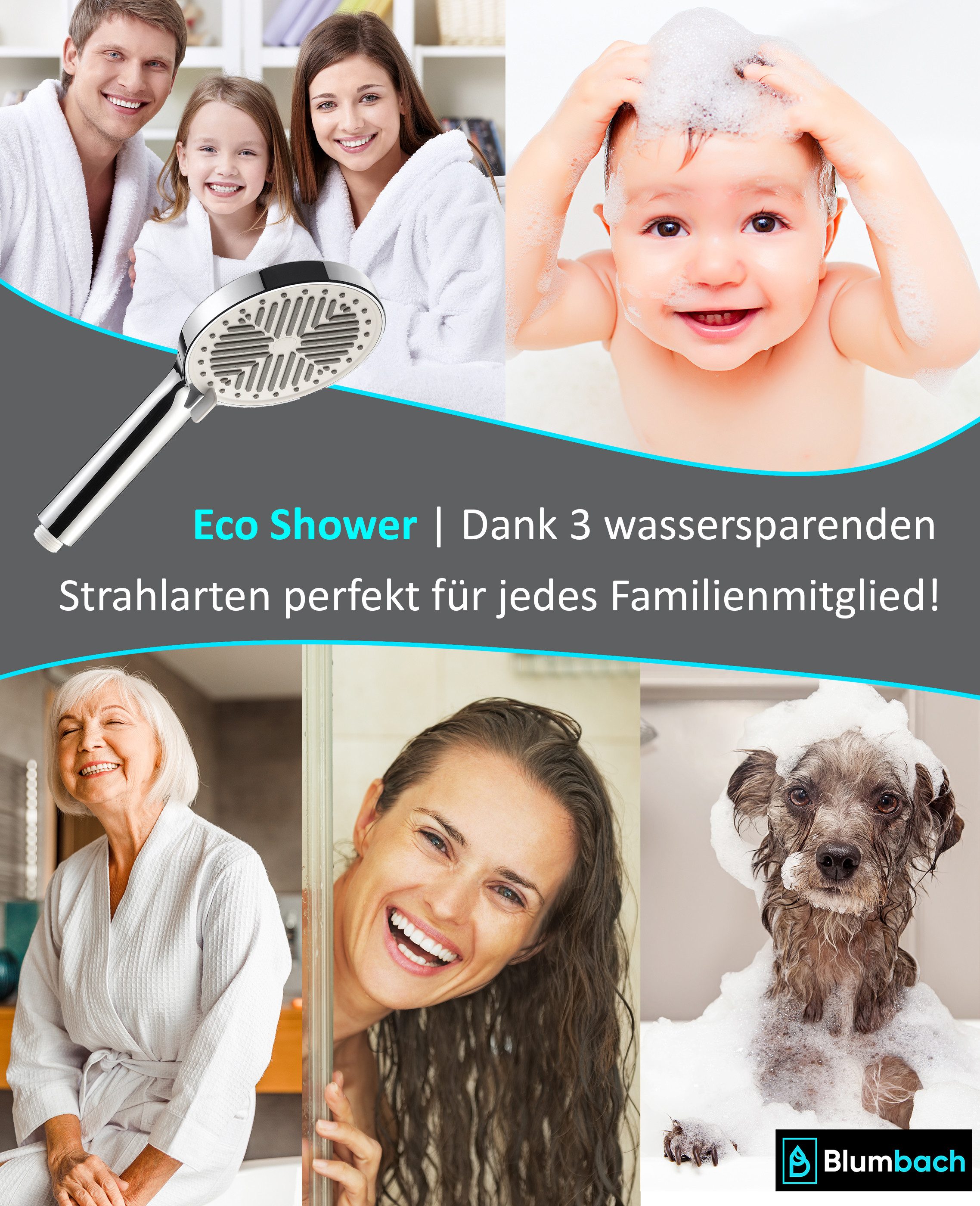 Blumbach Handbrause - Duschkopf Eco Shower, (3 Strahlarten, sehr wassersparend - Wasserverbrauch nur 6 - 9 Liter/min), mit Antikalk Noppen - leicht zu Montieren ohne Werkzeug