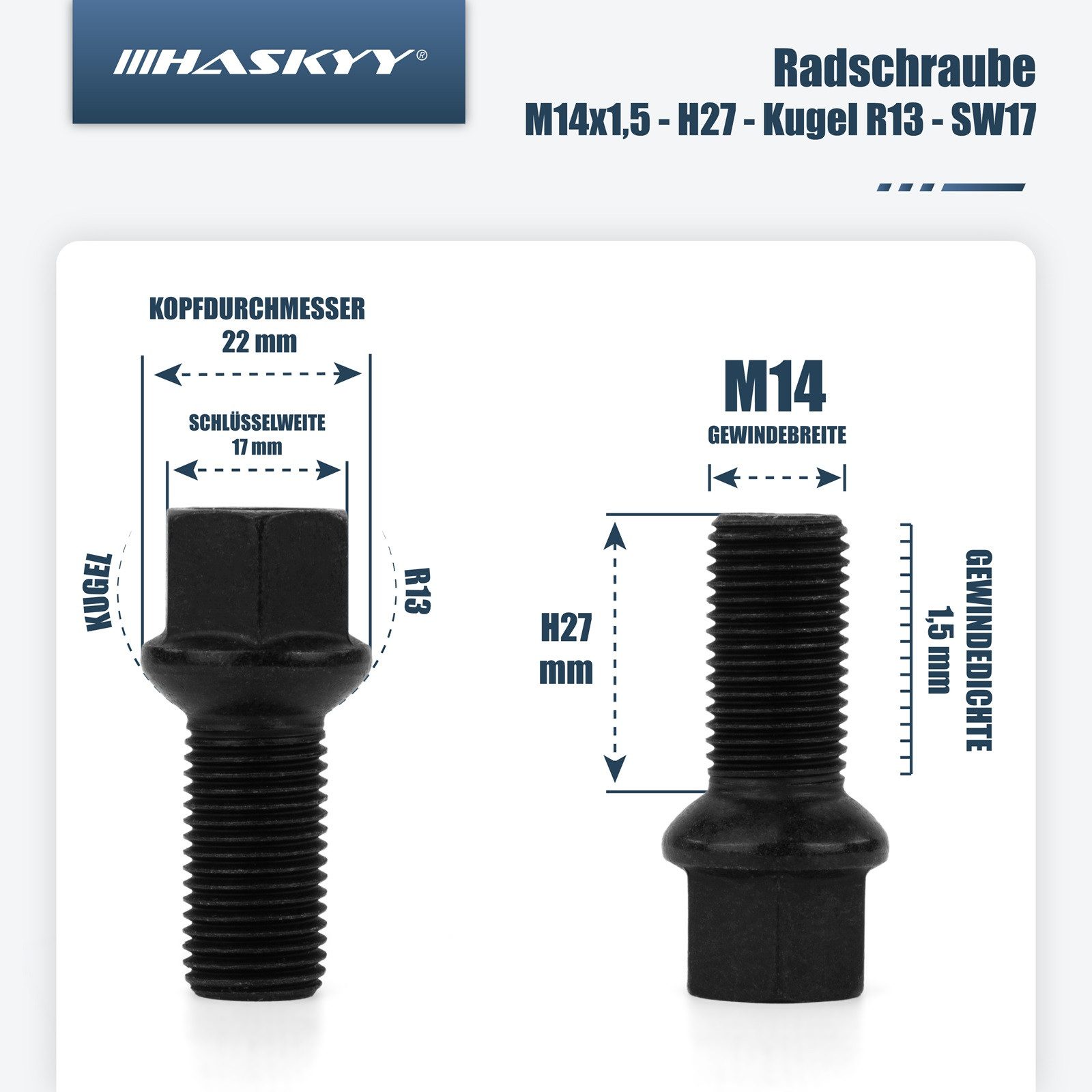 HASKYY Schrauben-Set 20x Radschrauben Schwarz M14x1,5x27 mm Kugel R13 SW17 inkl. Beutel