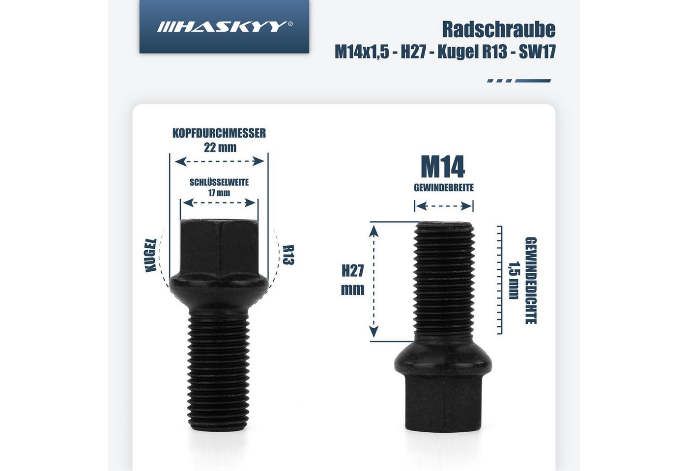 Thumbnail - HASKYY Schrauben-Set 20x Radschrauben Schwarz M14x1,5x27 mm Kugel R13 SW17 inkl. Beutel