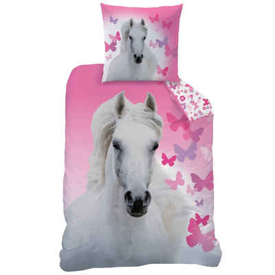 Bettwäsche »Pferde Bettwäsche 135x200 + 80x80 cm 2 tlg., 100 % Baumwolle mit Reißverschluss, Pferd, Schmetterling und Blumen«, MTOnlinehandel