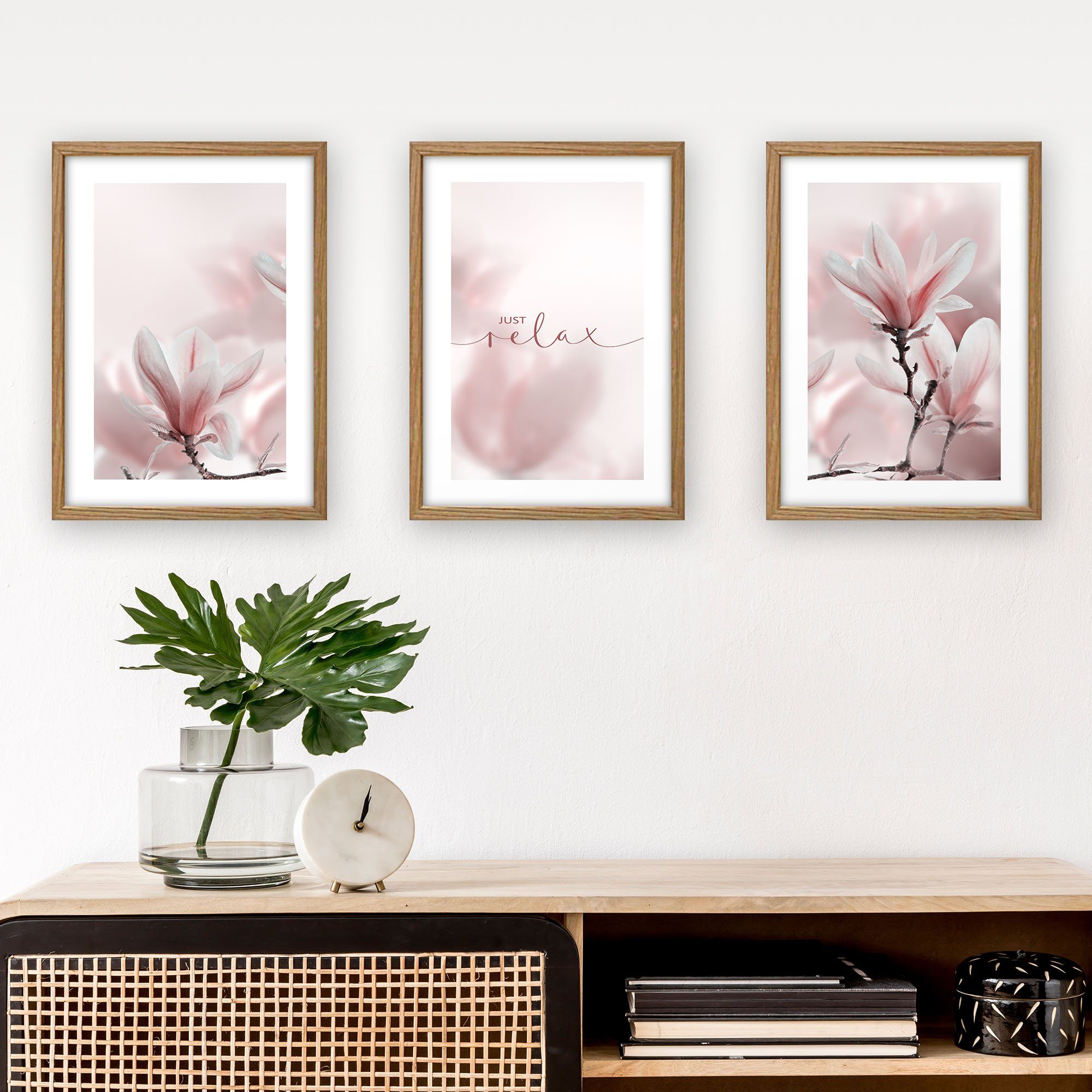 Kreative Feder Poster Blumen mit wahlweise optional 3-teilig Rahmen „Magnolie“ Rahmen, natur Rahmen; oder Set 3 optional mit Premium DIN St), A3 DIN A4 (Set