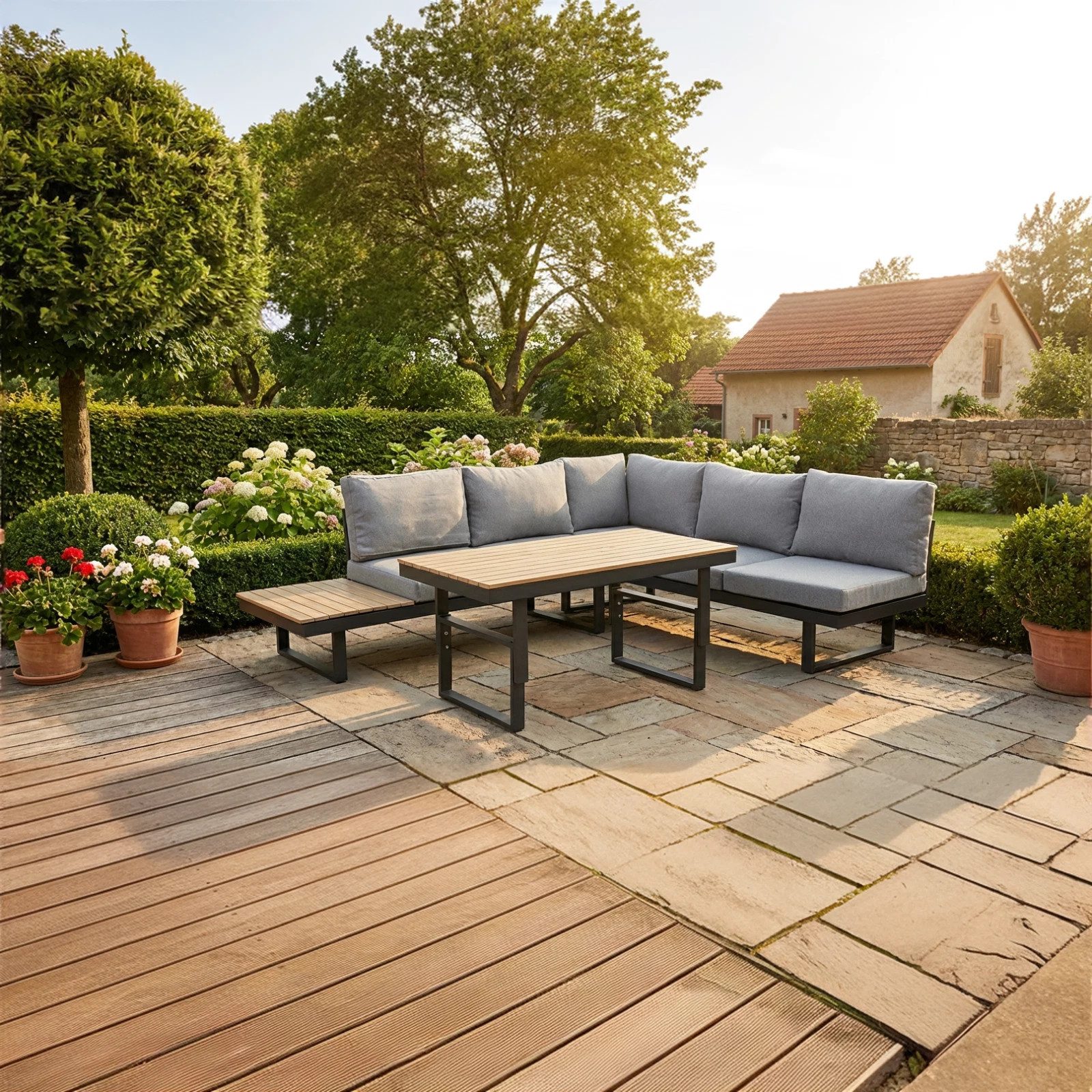 Greemotion Gartenlounge-Set San Jose Lounge-Set Aluminium-Holz / Grau inkl. Auflagen & Tisch, (inkl. Auflagen), Farbe Schwarz/Grau
