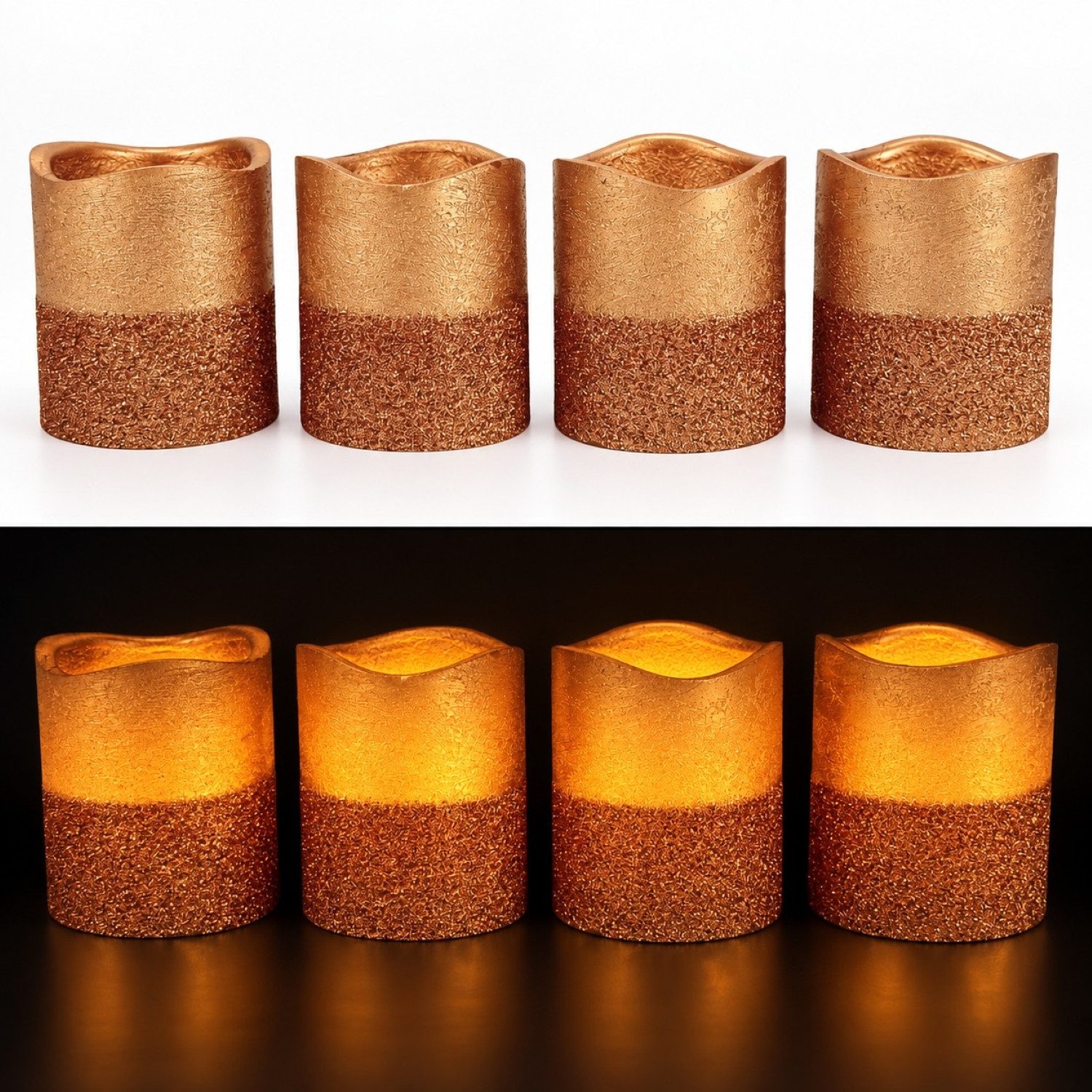 Online-Fuchs LED-Kerze 4 LED-Votivkerzen, Teelichter im Set mit Metallic Glitzer und Timer, KEINE Flamme, leuchtet aus dem Inneren, warmweißer Flackereffekt, praktische 6-Stunden Timerfunktion integriert