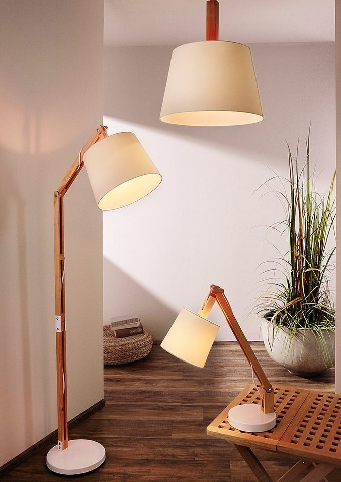 Brilliant Stehlampe Carlyn, ohne Leuchtmittel, 163 cm Höhe, E27 max. 60 W, mit weißem Stoffschirm, Holz/Metall/Textil
