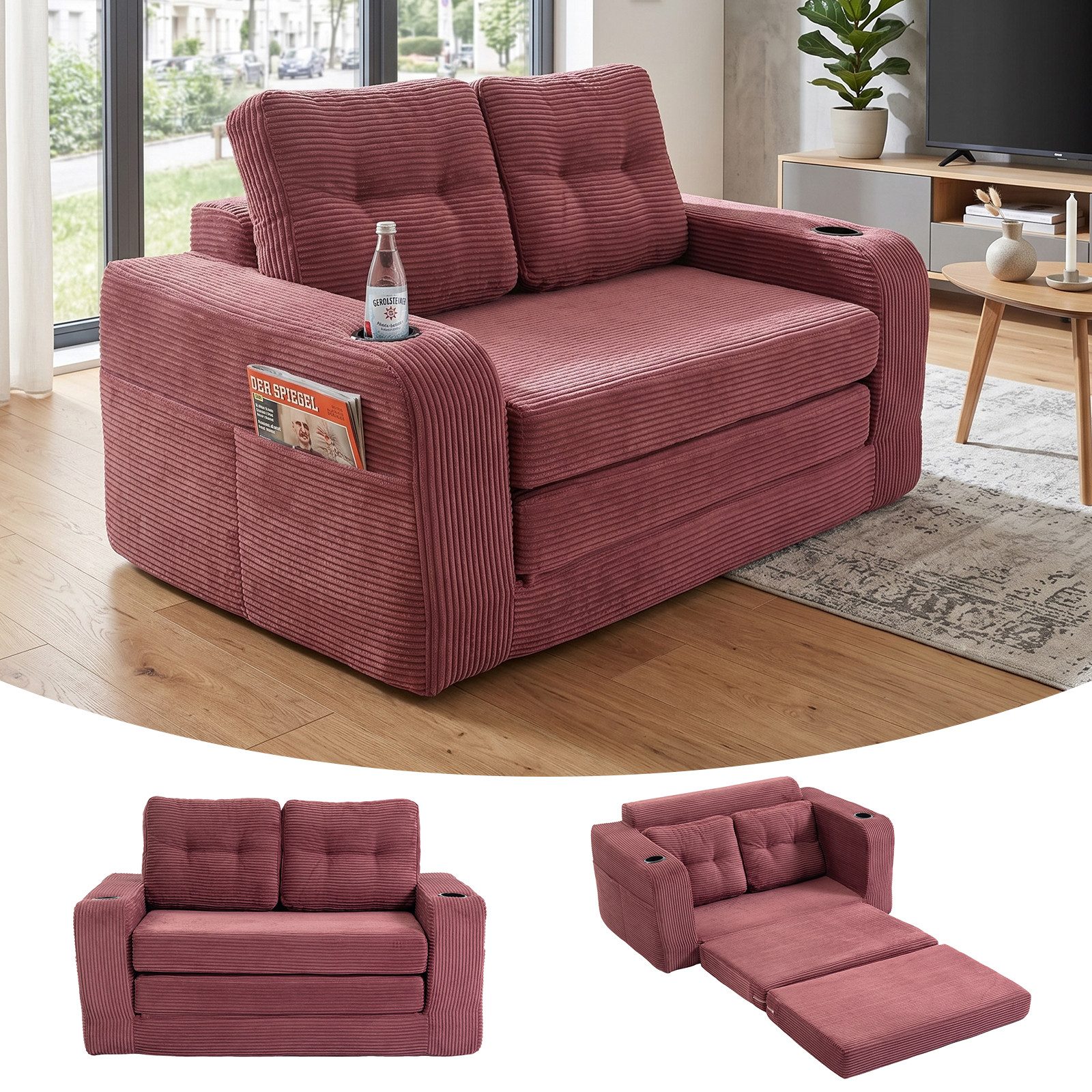 GLP Schlafsofa 2-Sitzer, Sofa 136x80 cm, Klappsofa platzsparend, mit Getränkehaltern, Seitentaschen, Liegefläche 186x100 cm