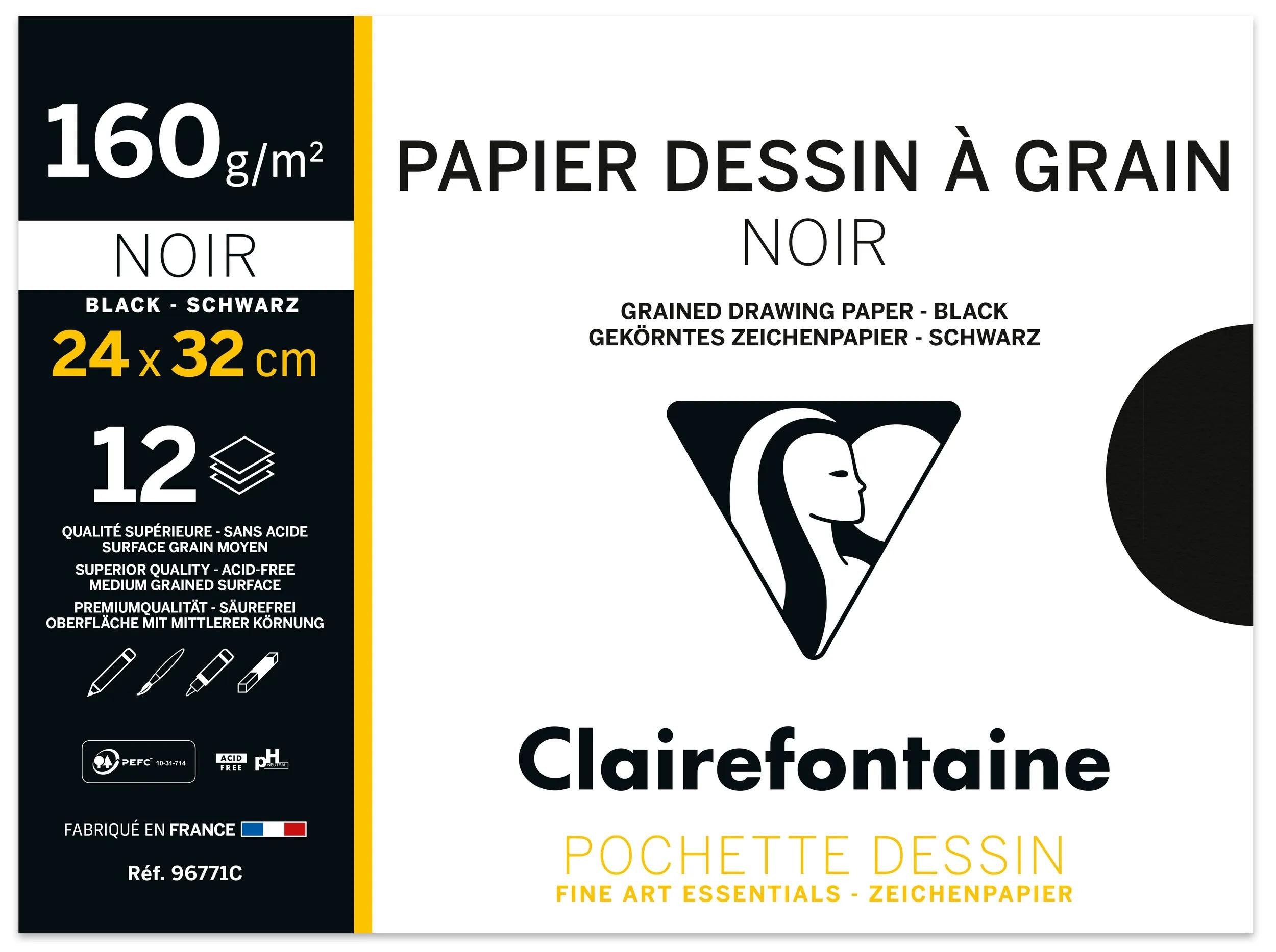 CLAIREFONTAINE Zeichenpapier 10x Zeichenpapier A4 Pack 12 Bogen Pastellfarben Schwarz 96771C, Hüllen