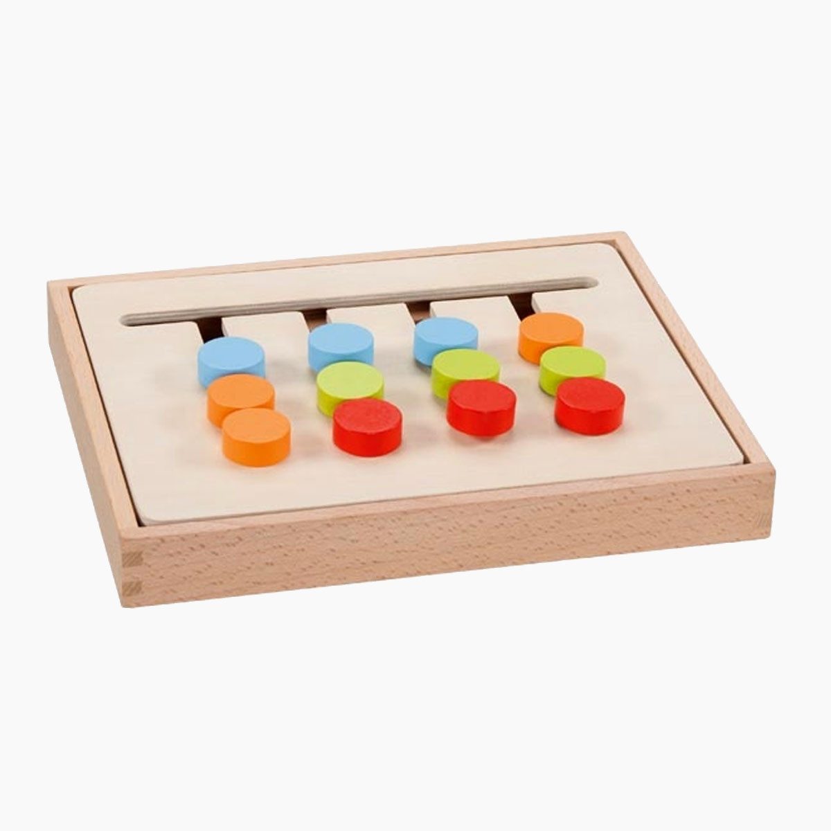 goki Lernspielzeug Farbsortierbrett im Holzkasten, aufstellbar (packung, set), Schwierigkeitsstufen für Anfänger und Fortgeschrittene