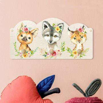 Bilderdepot24 Garderobenpaneel orange Wasserfarben Illustration Tiere Aquarell Waldtiere Blumen II (Kindergarderobe Holz Kleiderhaken für die Wand inkl. Montagematerial), moderne Wand Garderobenleiste Flur - kleine Hakenleiste Kinderzimmer