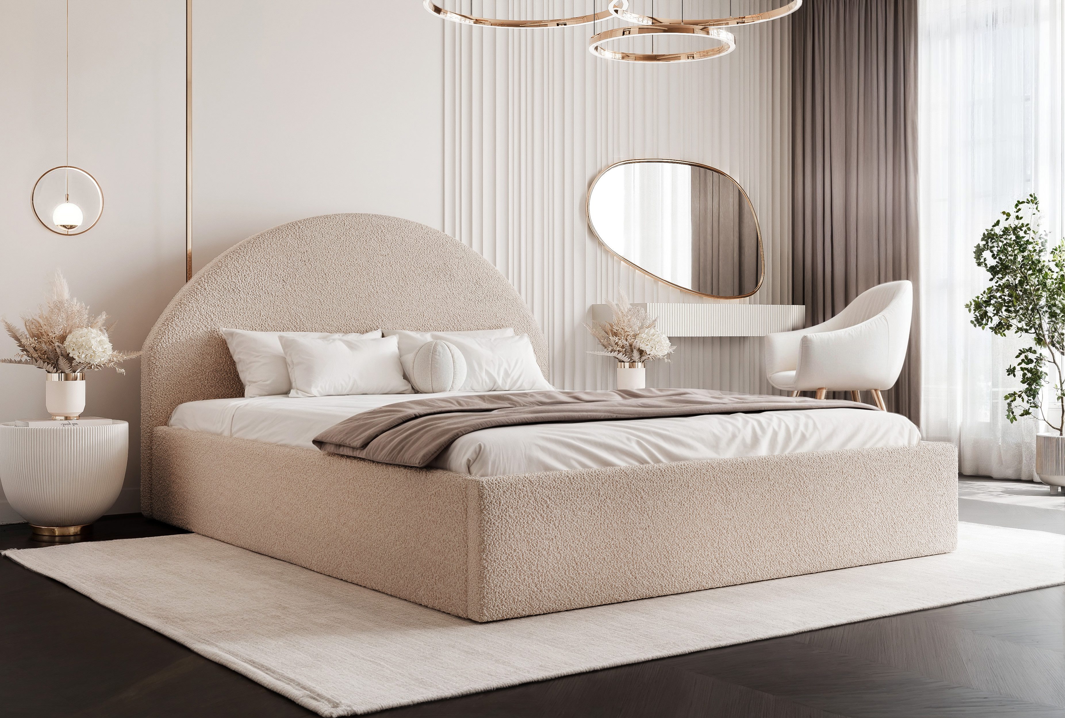 yourhouse24 Polsterbett Paros VIII mit Bettkasten (Bettgestell mit integriertem Bettkasten, 120×200 - 200×200 cm), Bettkasten, Boucle, Sanft abgerundetes Kopfteil