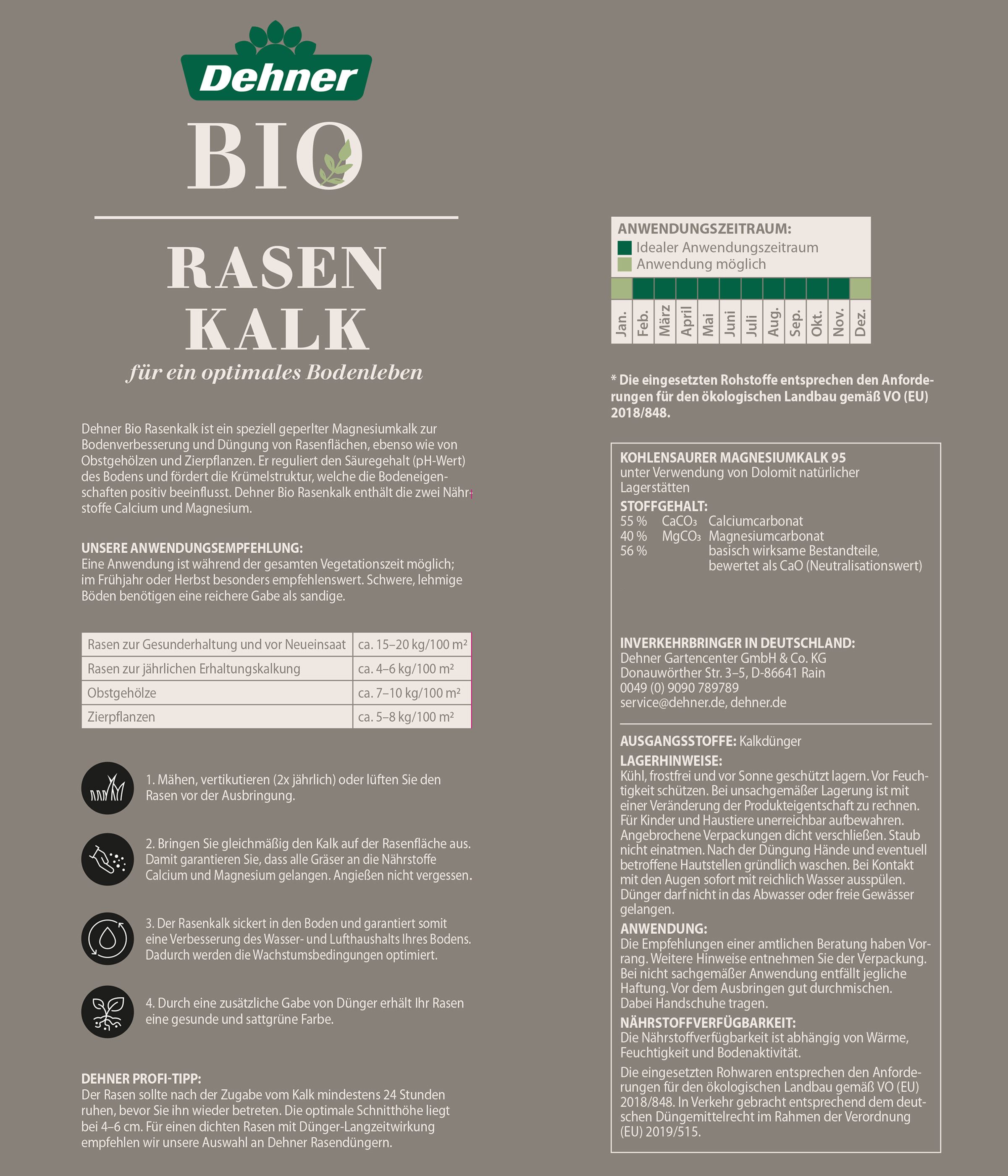 Dehner Rasendünger Bio Rasenkalk, 10 kg, für ca. 100 qm, 100 m², mineralischer Kalk- und Magnesiumdünger, für sattes Grün