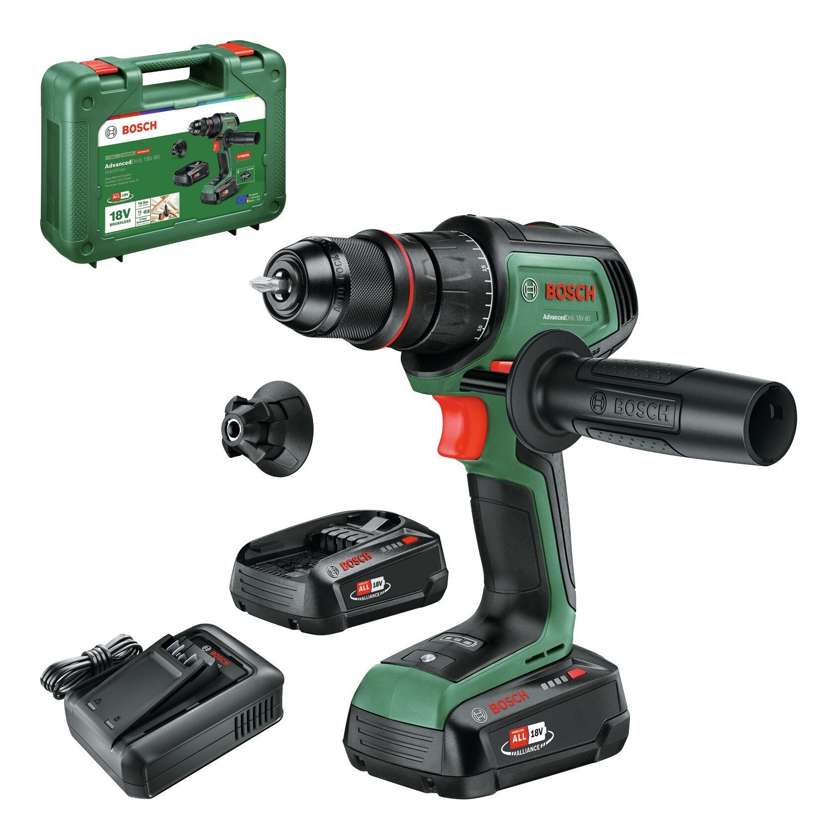 BOSCH Akku-Bohrschrauber AdvancedDrill 18V-80, 18 V, max. 500 U/min, QuickSnap mit 2x Akku 2,5 Ah - im Tragekoffer