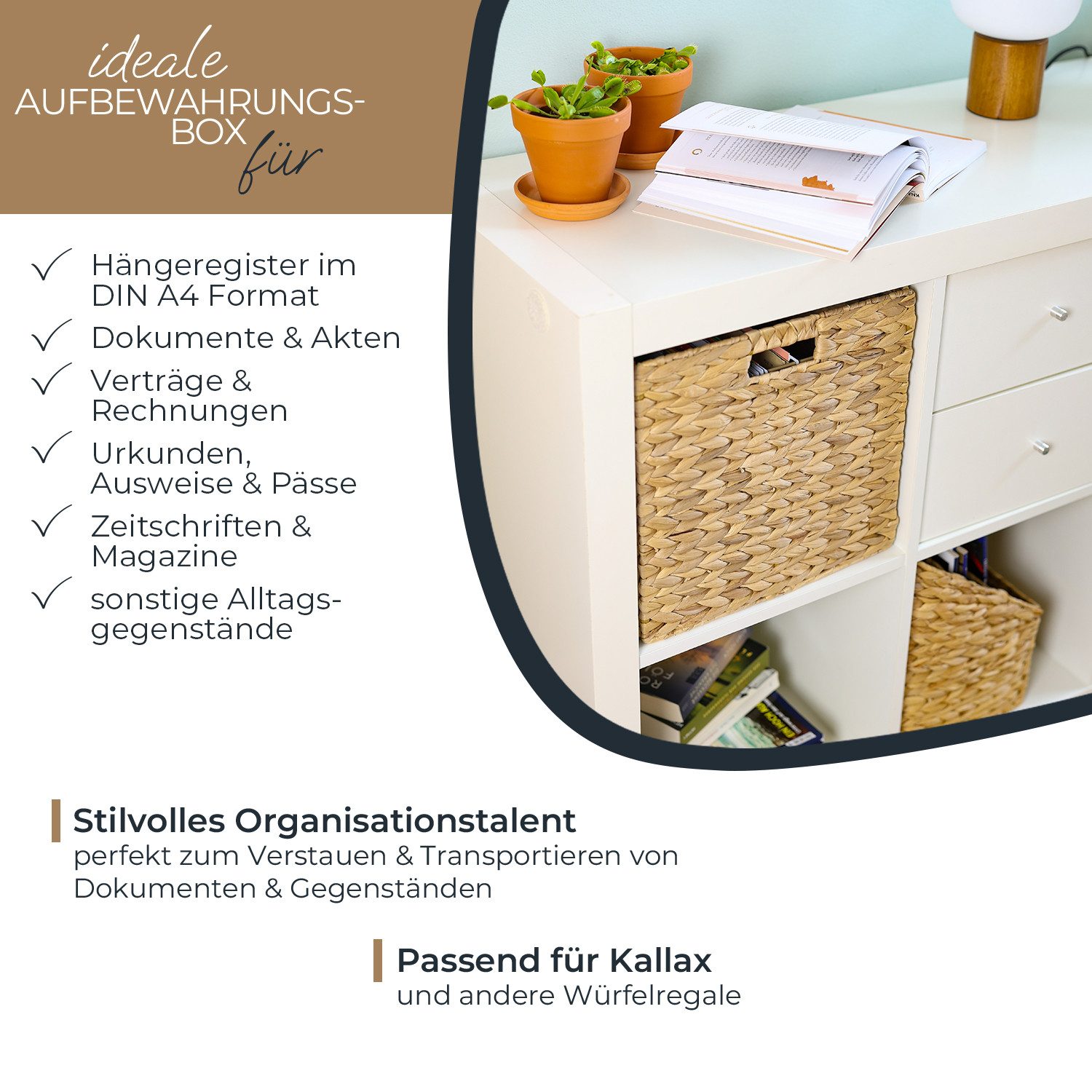 HMF Hängeregistraturbox Aufbewahrungskorb für DIN A4 Hängeregister passend für KALLAX, Korb, geflochten aus Wasserhyazinthe mit Griffen, 33 x 38 x 32 cm, Natur