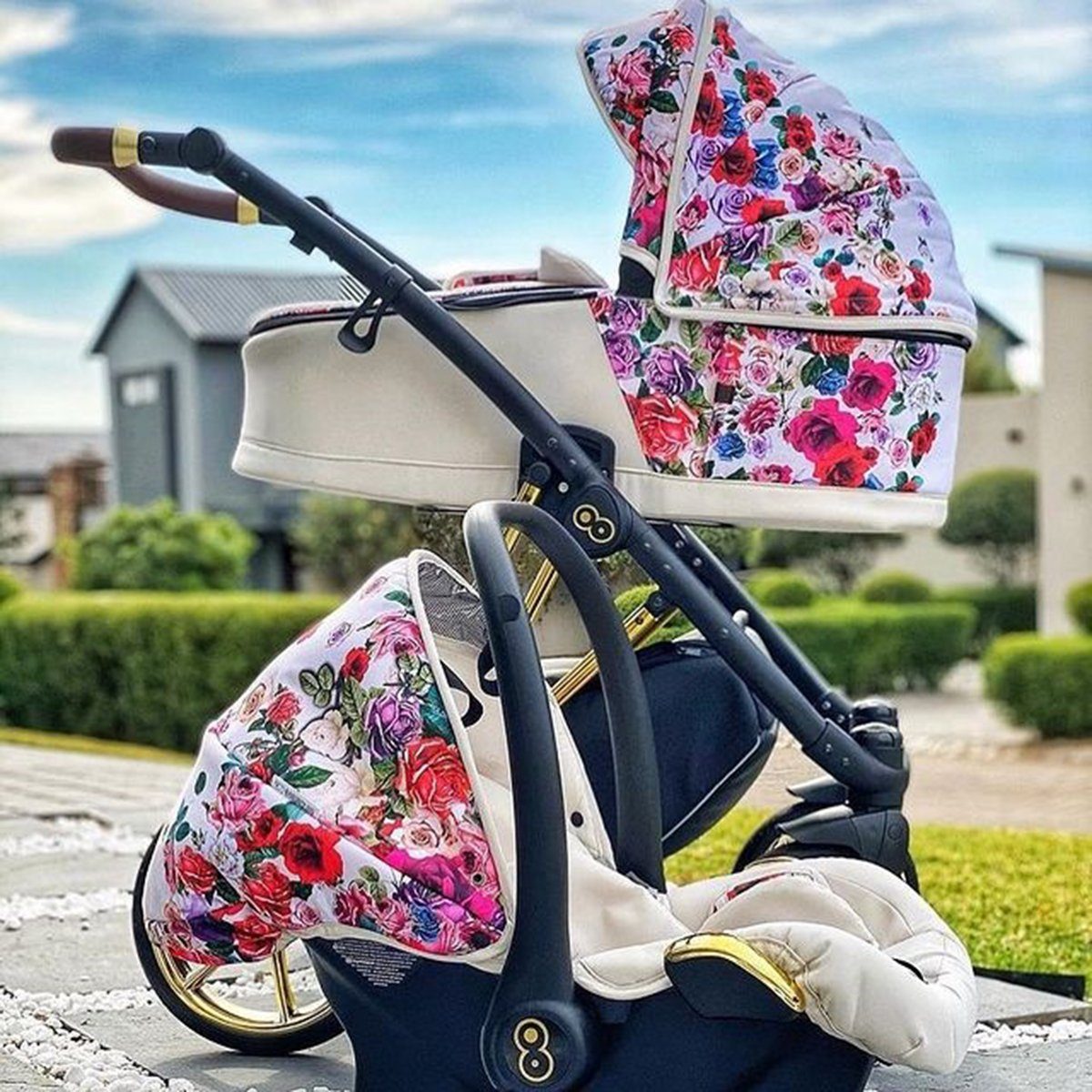 TPFLiving Kombi-Kinderwagen 4 Windeltasche, Buggy Autositz Kinderwagen Isofix Silber Regenschutz Gestell Rose, Musse Komplettset Light 1 Moskitonetz in Babywanne