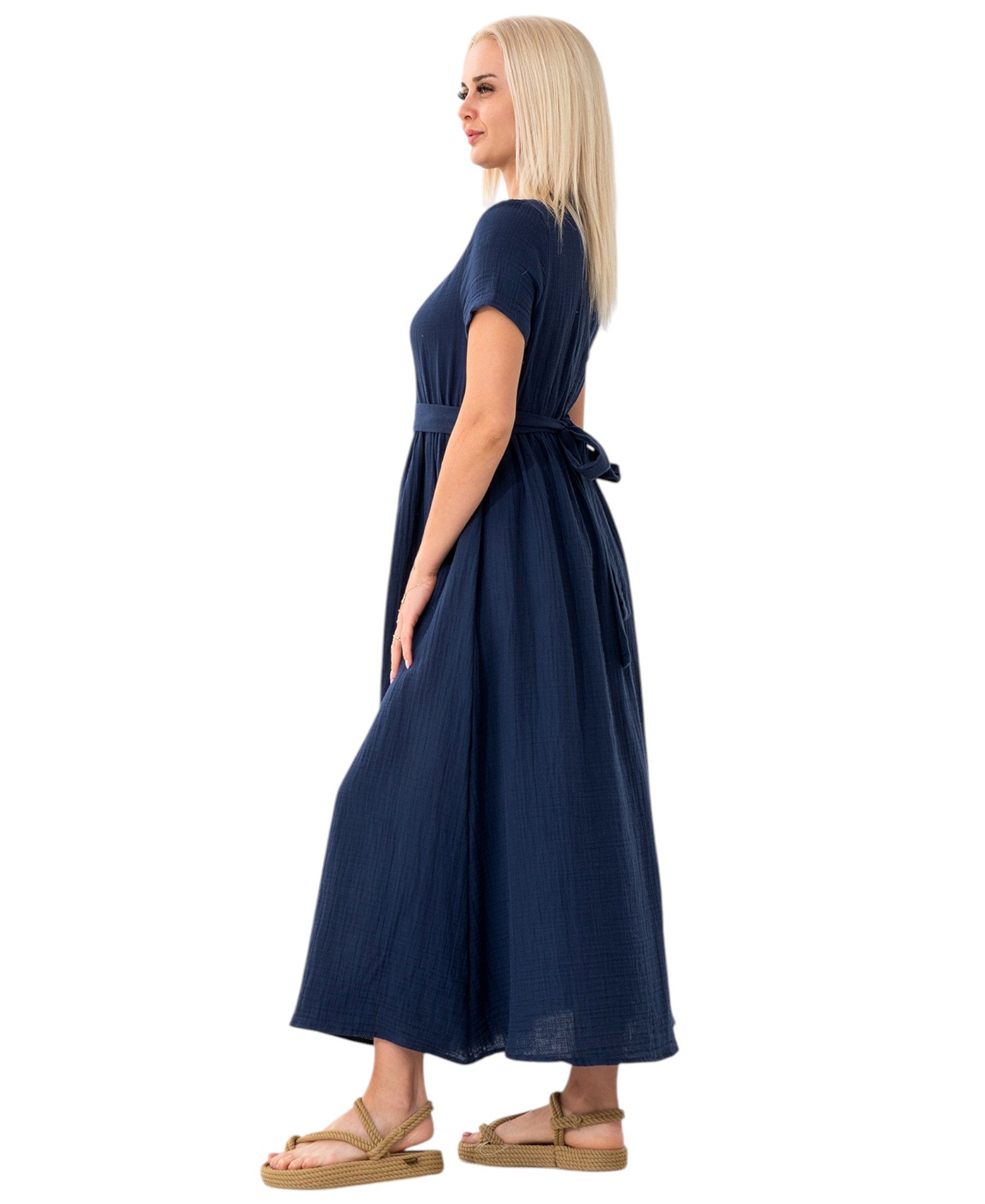 WENOR Sommerkleid Musselin Boho Kleid mit Knopfleiste & Taillenband, Freizeitkleid (1-tlg) Vorn mit Holzknöpfen, Bindegürtel an der Taille – Bild 4 von 5