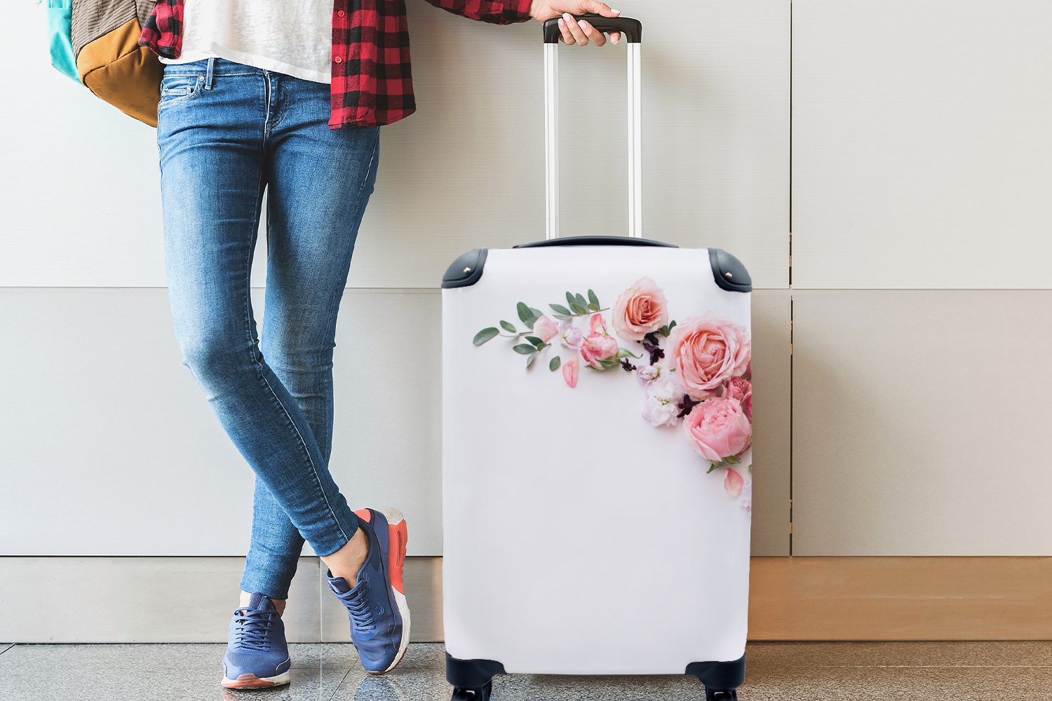 Rollen, Blumen für Reisetasche - Weiß, MuchoWow - mit 4 Reisekoffer Trolley, Ferien, Handgepäck Handgepäckkoffer Rosen rollen,