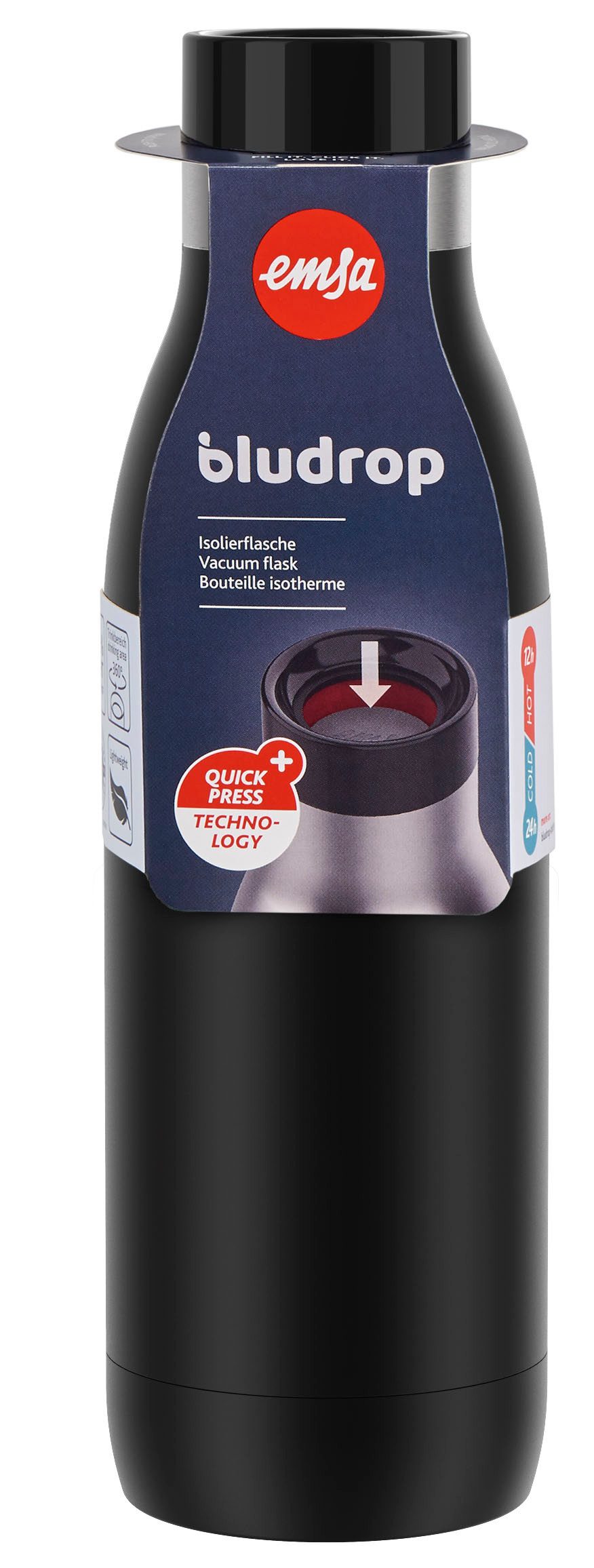 Emsa Isolierflasche Trinkflasche Bludrop, Edelstahl, Quick-Press Deckel, 360° Trinkgenuss, 12h warm/24h kühl