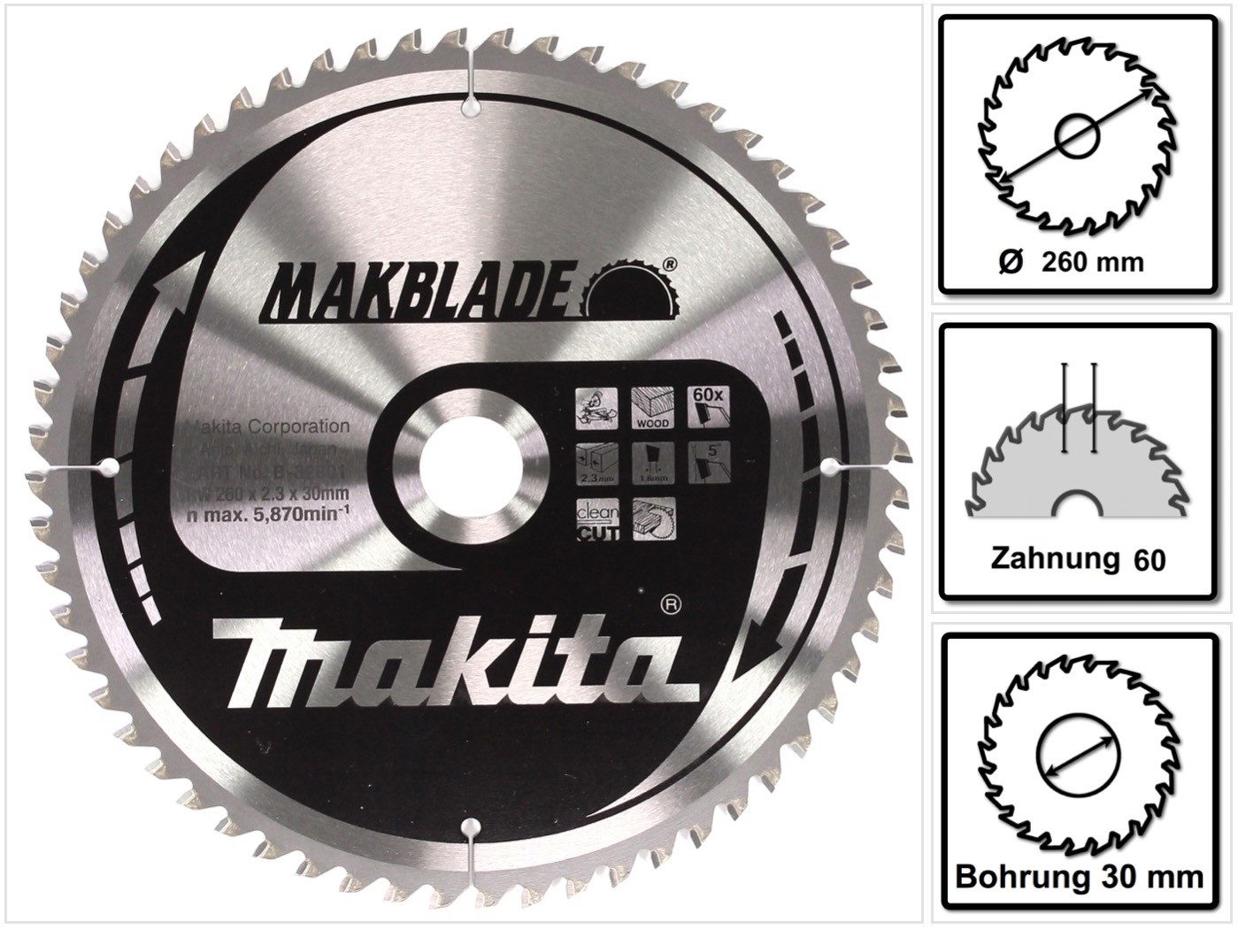 Makita Kreissägeblatt MAKBLADE Kreissägeblatt für Holz 260 x 30 x 2,3 mm 60 Zähne (B-32801
