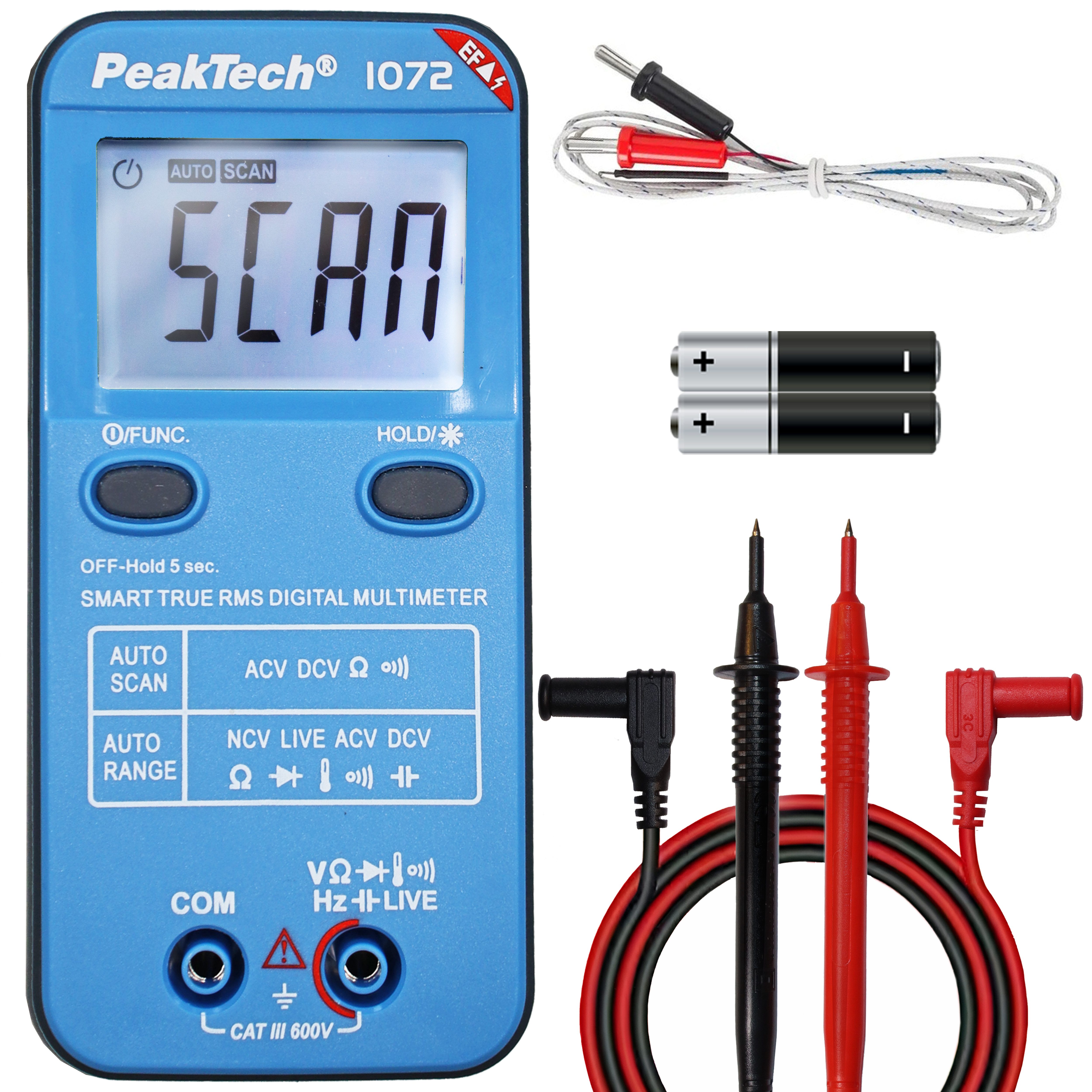 PeakTech Multimeter P 1072 True RMS Digital Multimeter SMART mit Auto-Range Funktion, (1 St), Hintergundbeleuchtung (Blau/Rot) und LED-Leuchte