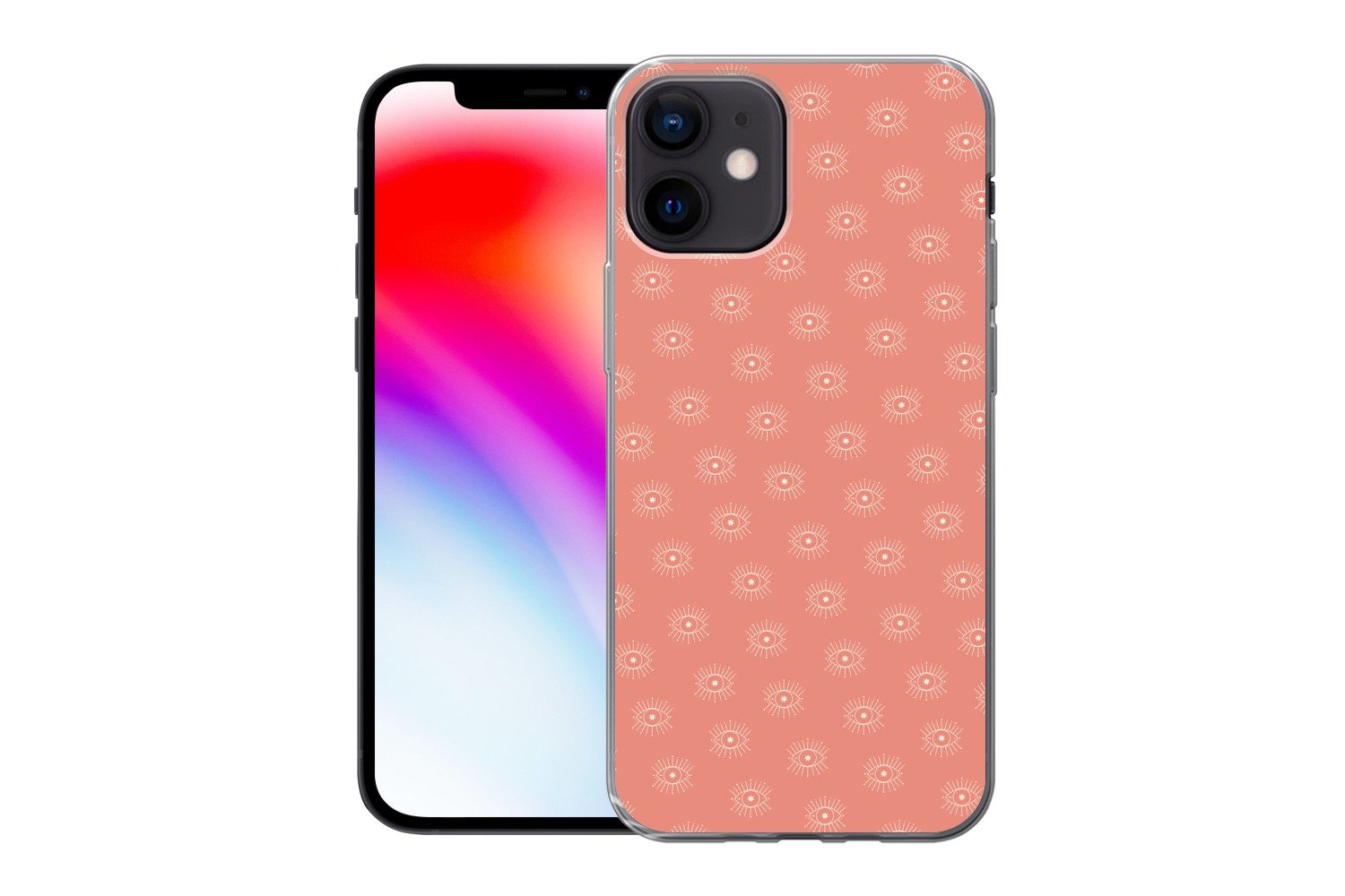 MuchoWow Handyhülle für Apple iPhone 12 Boho - Druck - Rosa - Weiß - Augen, Smartphone-Bumper, Print, Handy Schutzhülle Dünn