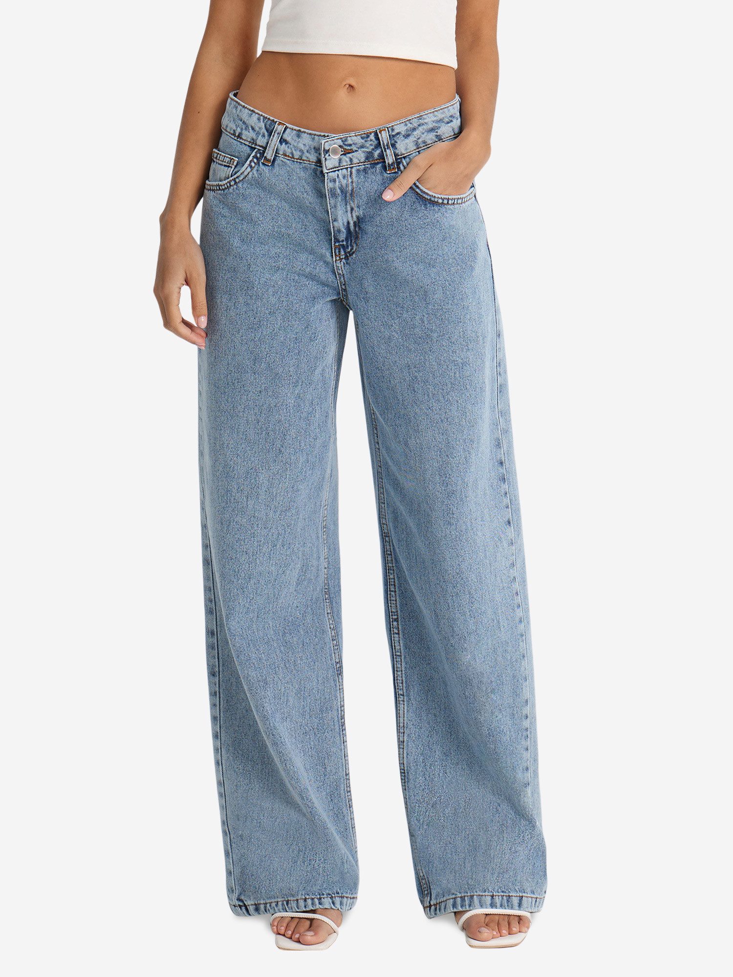 Loose-fit-Jeans Damen Hochgeschnittene Jeans mit weitem Bein