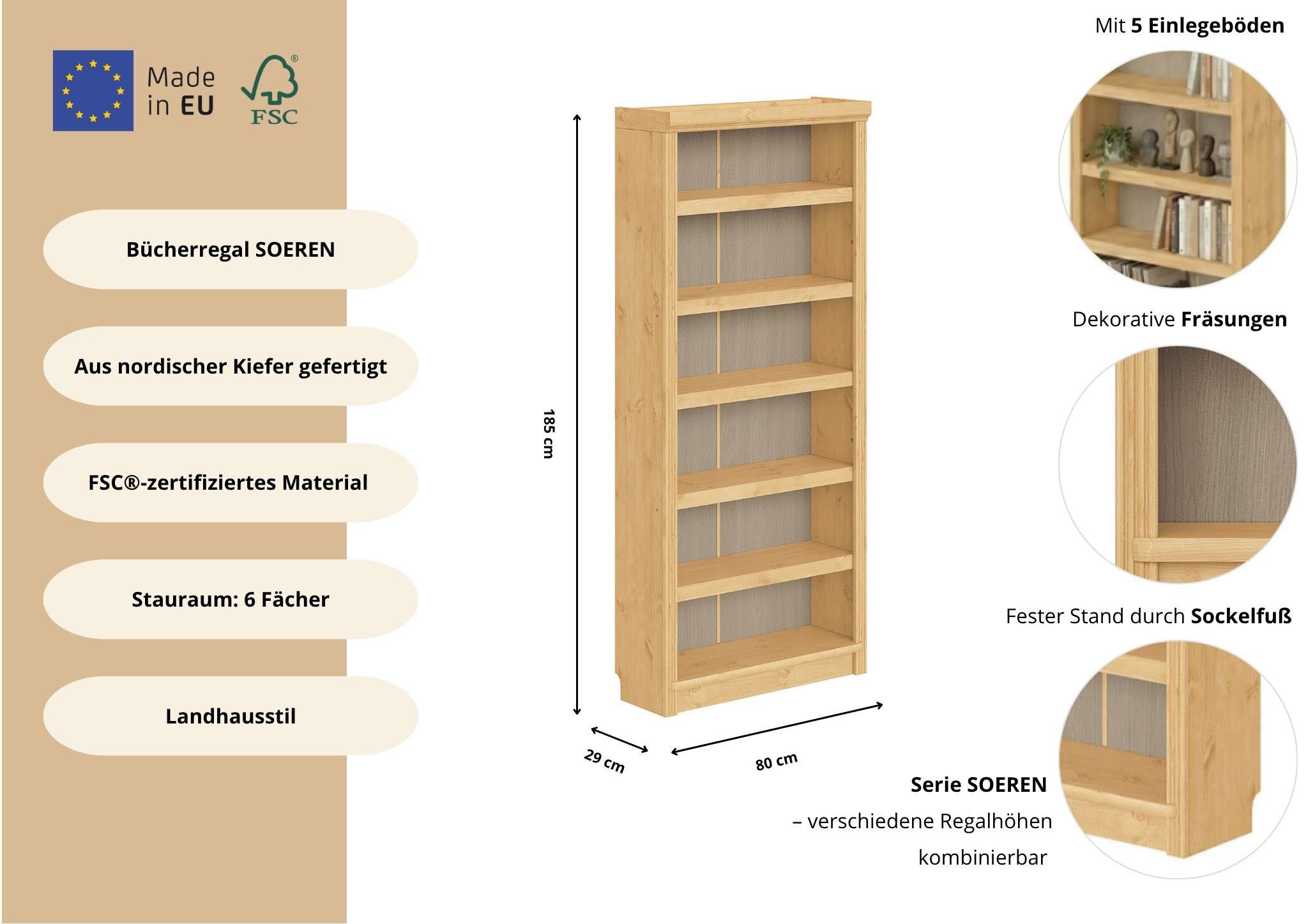OTTO home Bücherregal Soeren Regal B/T/H: 80/29/185 cm, 6 Fächer, aus massiver Kiefer, FSC®-zertifiziert