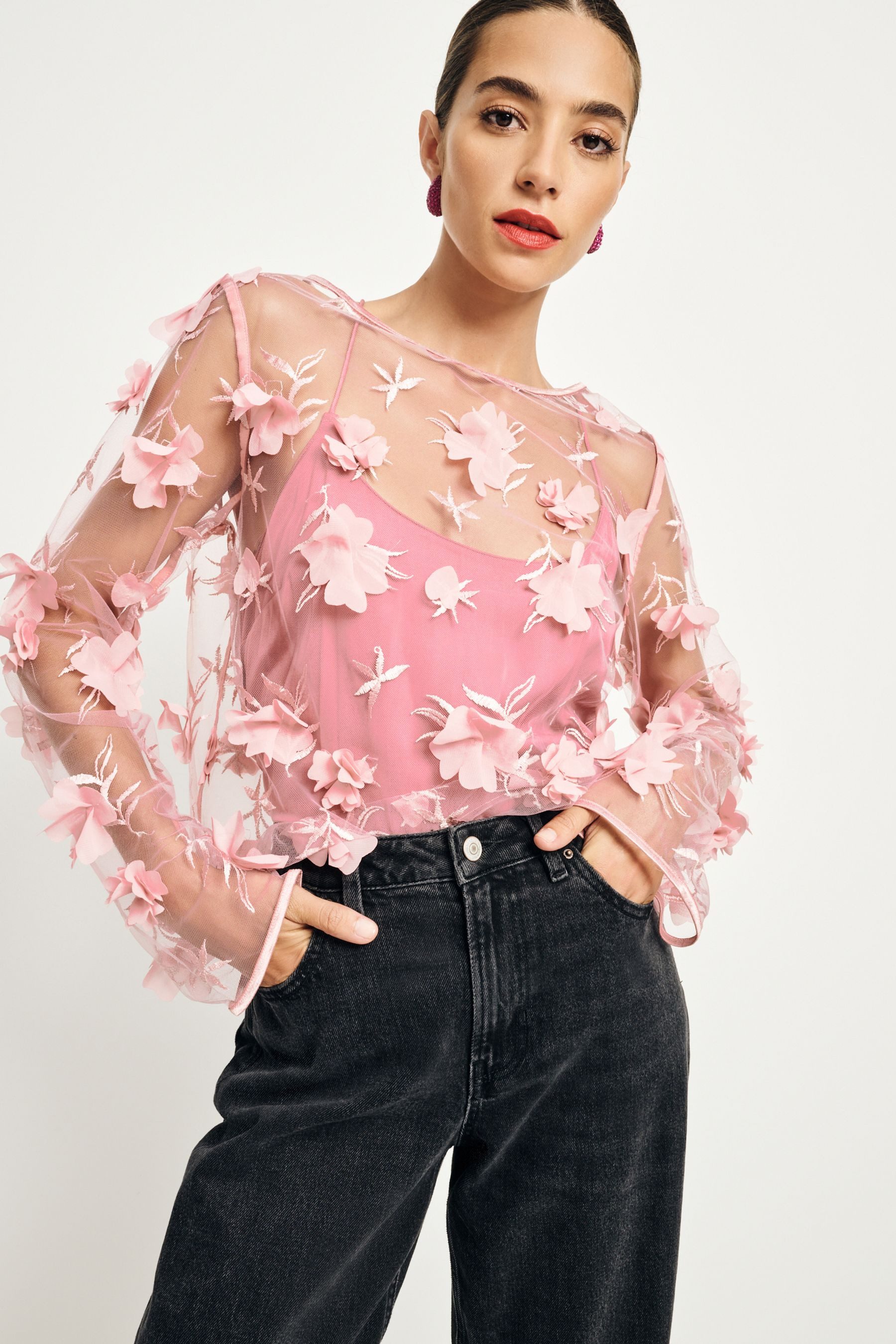 Next Langarmbluse Langarmoberteil aus Mesh mit 3D-Blume (1-tlg)