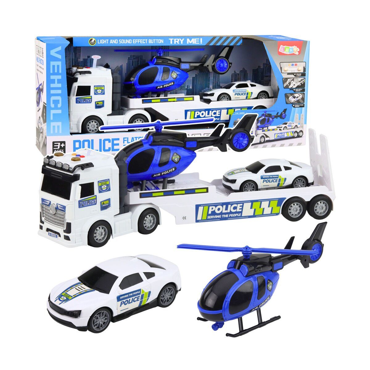 Wisam Spielzeug-Auto Polizeiwagen, Abschleppwagen, Auto, Hubschrauber, Blaulicht
