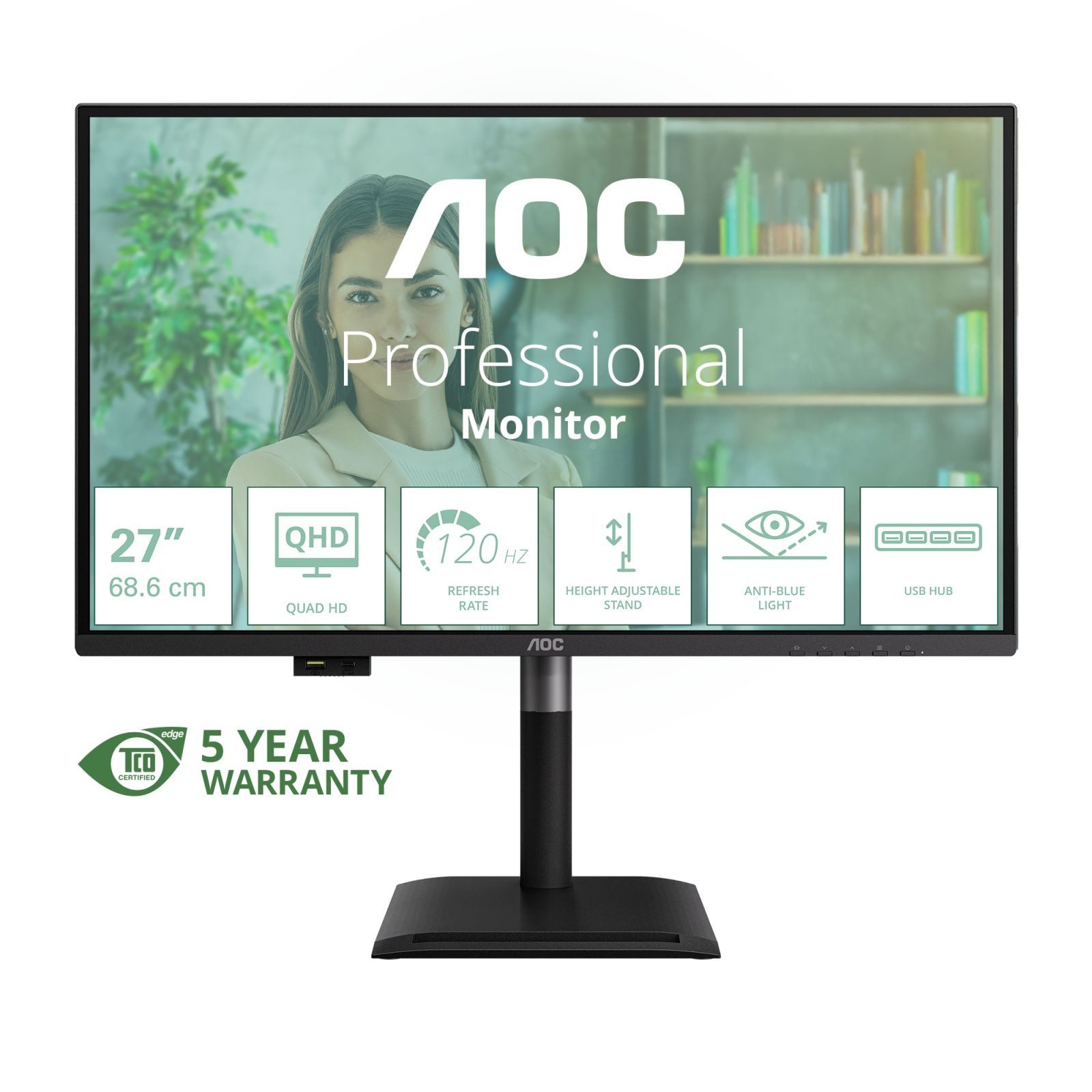 AOC 68,6cm (27) Q27P4U 16:09 2xHDMI+DP+USB Lift black TFT-Monitor (2560 x 1440 px, Wide Quad HD, 1 ms Reaktionszeit, 120 Hz, IPS, Lautsprecher, HDCP, Pivot, Höhenverstellbar)