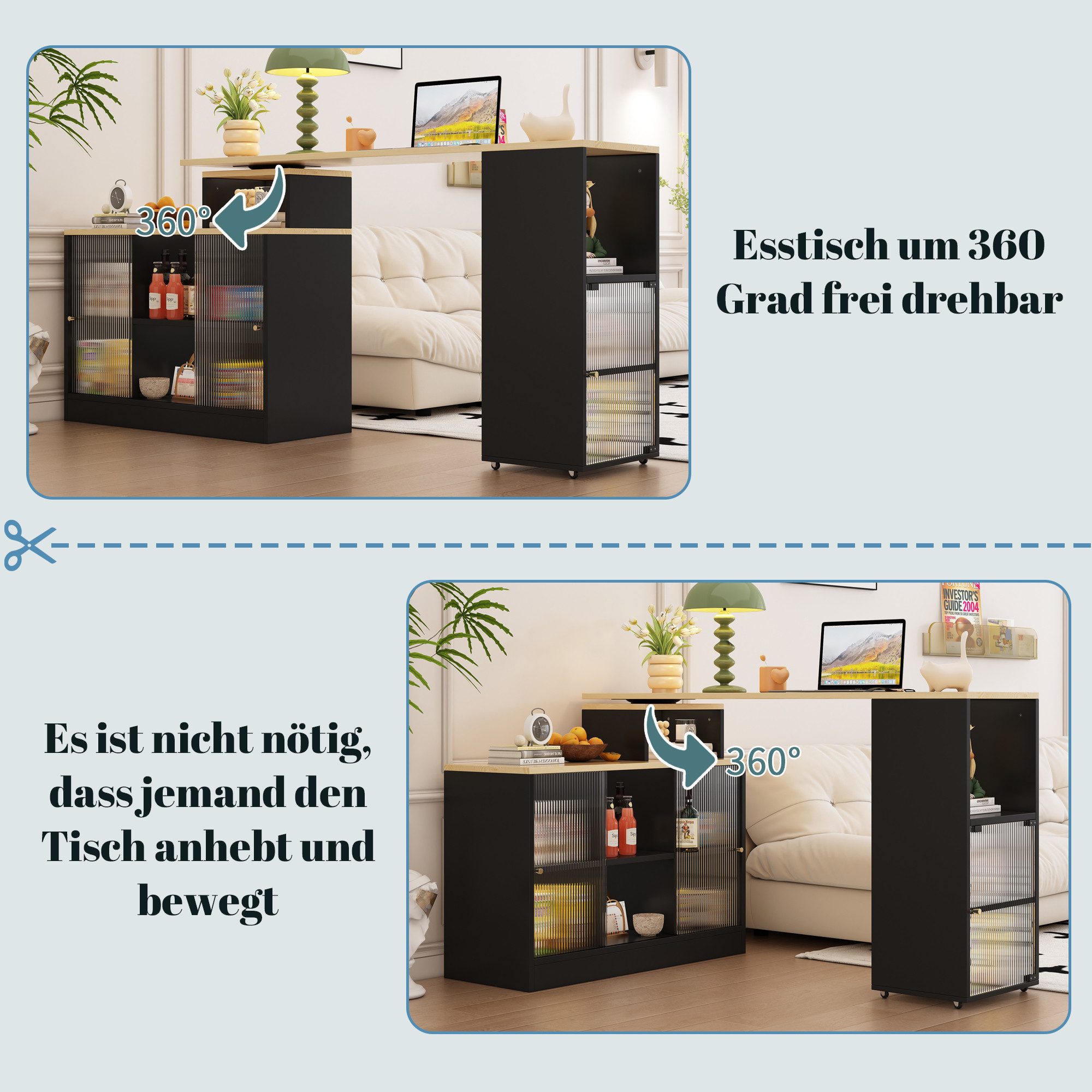 Tongtong Bartisch ausziehbarer und drehbarer Beistelltisch mit Stauraum, Schwarz (Beistellschrank*1, Bartheke*1), Kombination von drei Formen