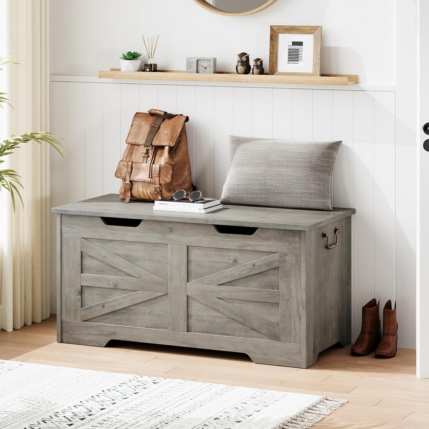 GarveeMore Aufbewahrungsbox 100cm Holz-Sitzbank mit Sicherheits-Scharnier,Aufbew